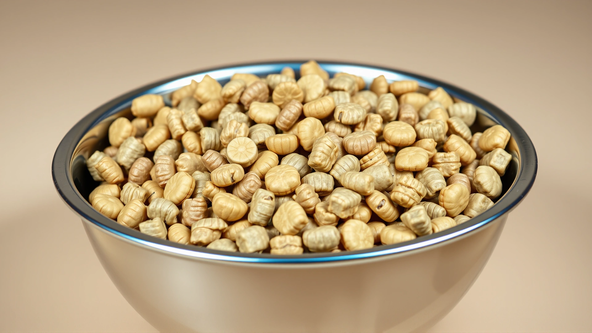 Close-up of high-fiber dry dog food kibble in a polished metal bowl on a neutral background.