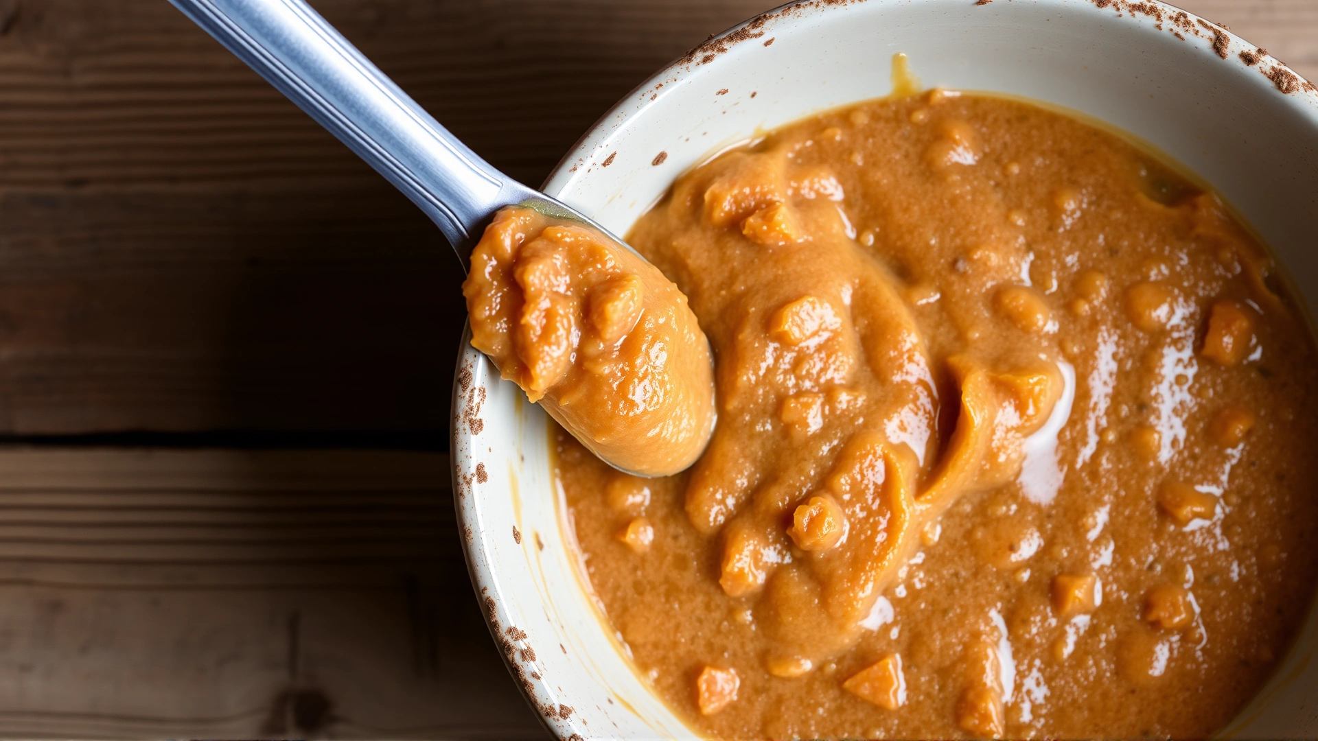 Bowl of wet kitten food mixed with pumpkin puree and a spoon on a rustic wooden table.