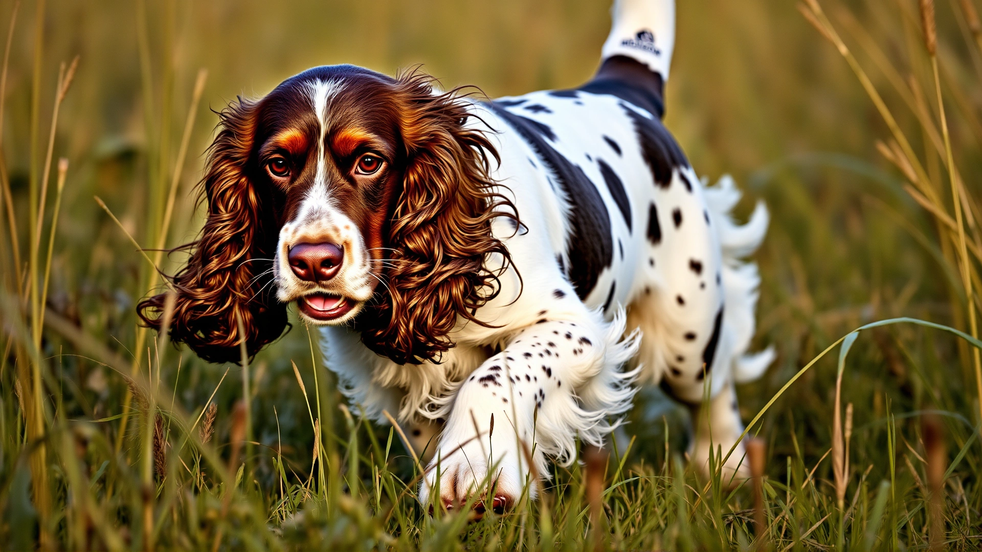 English Cocker Spaniel running through tall grass during a field hunt, nose to the ground