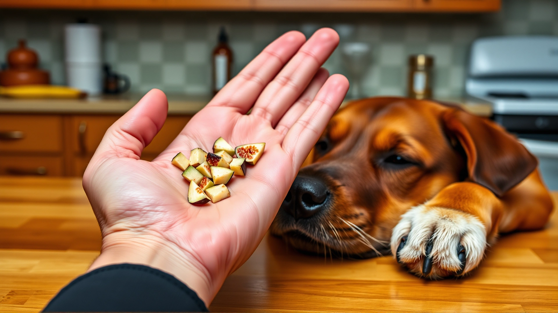 Human hand holding small diced fig pieces next to a dog's paw on a kitchen counter, demonstrating proper portion size, warm lighting.