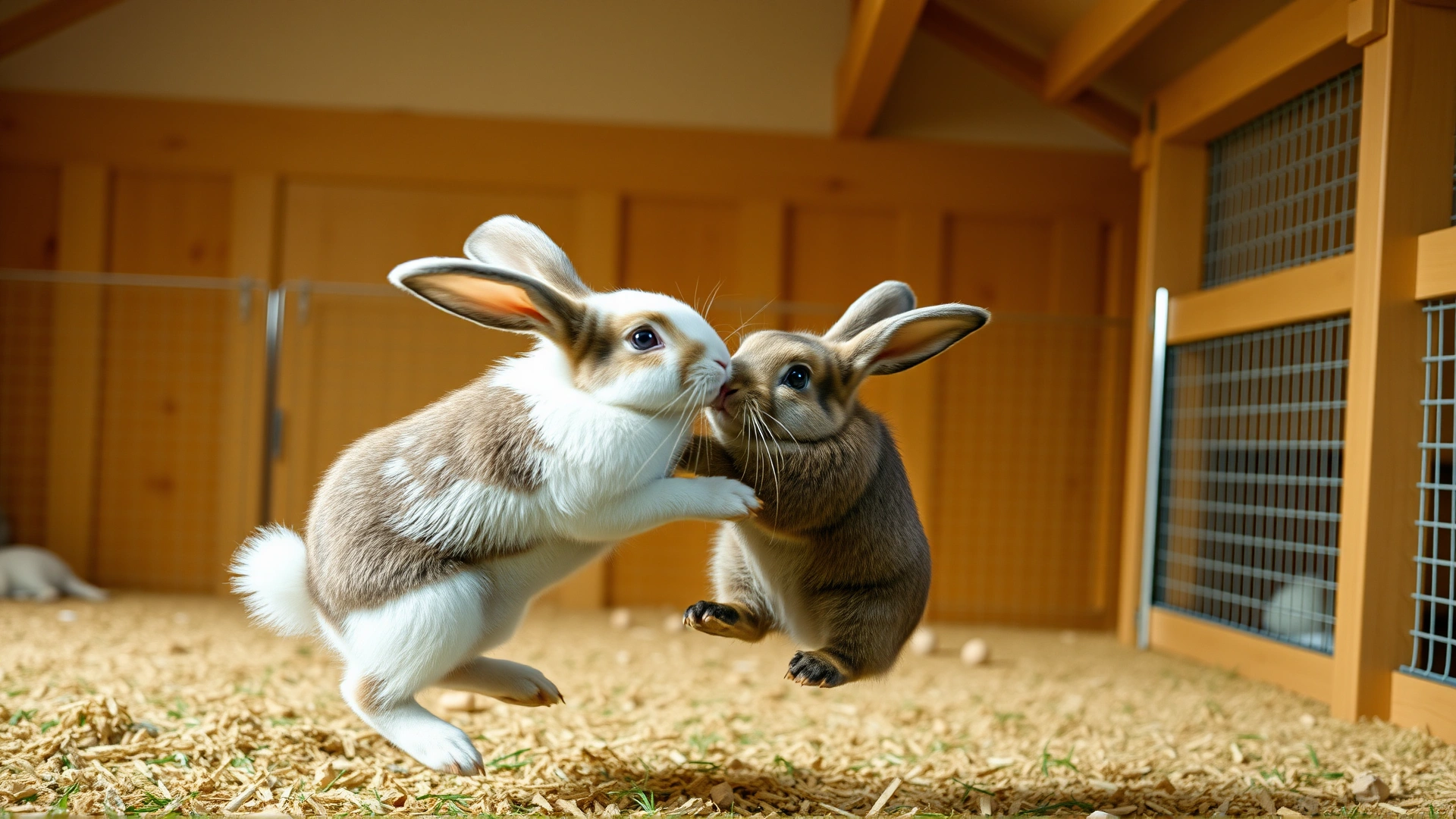 Two domestic rabbits mid-air during a brief scuffle inside a spacious pen; action shot capturing the moment of confrontation. Warm indoor lighting.