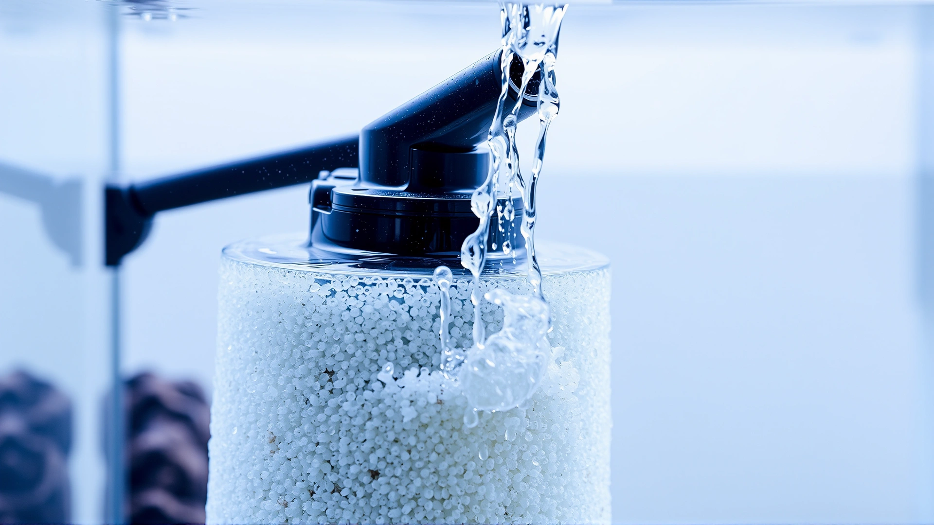 Aquarium filter components being gently rinsed under tap water, emphasizing sponge and bio-media.