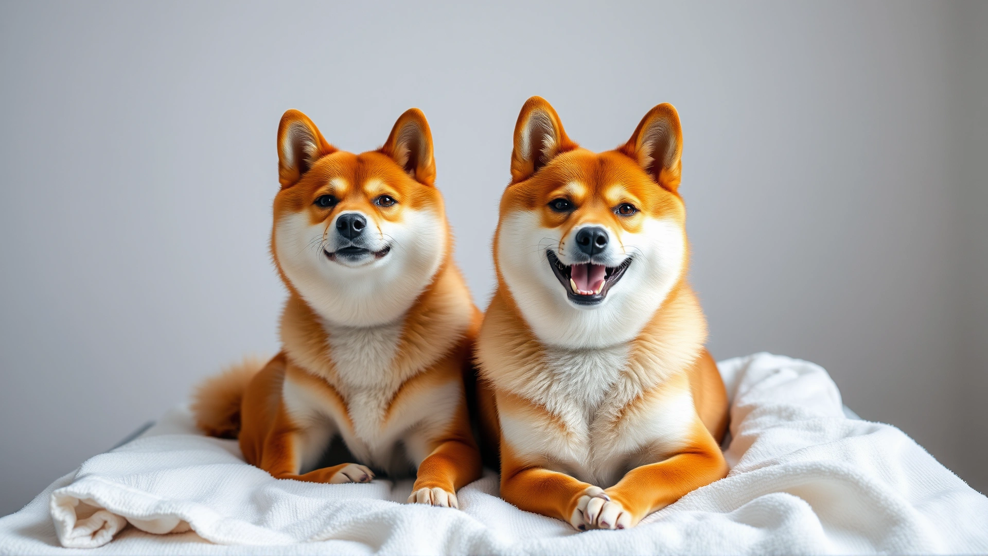 Well-groomed shiba inu sitting proudly on clean towels, looking healthy and happy.