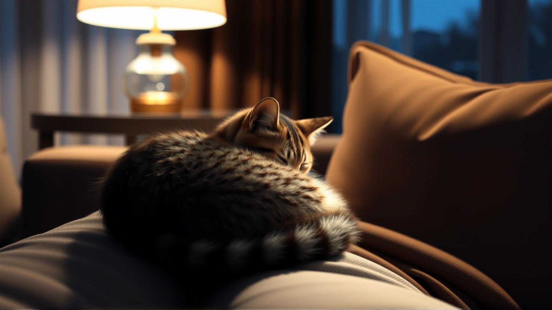 Evening scene of the cat curled up on its owner's lap on a sofa, warm lamp light, showing trust and bonding. No text.