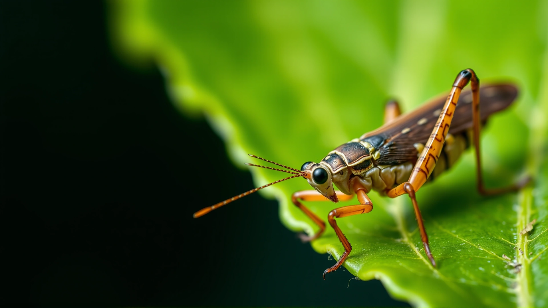 Close-up of a healthy adult cricket perched on a leafy green background, symbolizing successful breeding, high-resolution