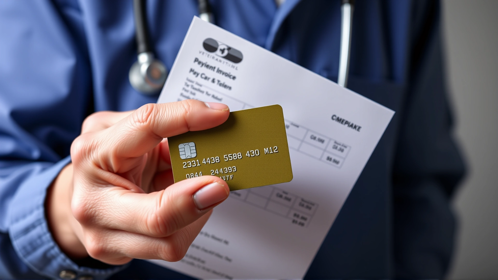 Hands holding a credit card and veterinary invoice, symbolizing payment options for pet care.