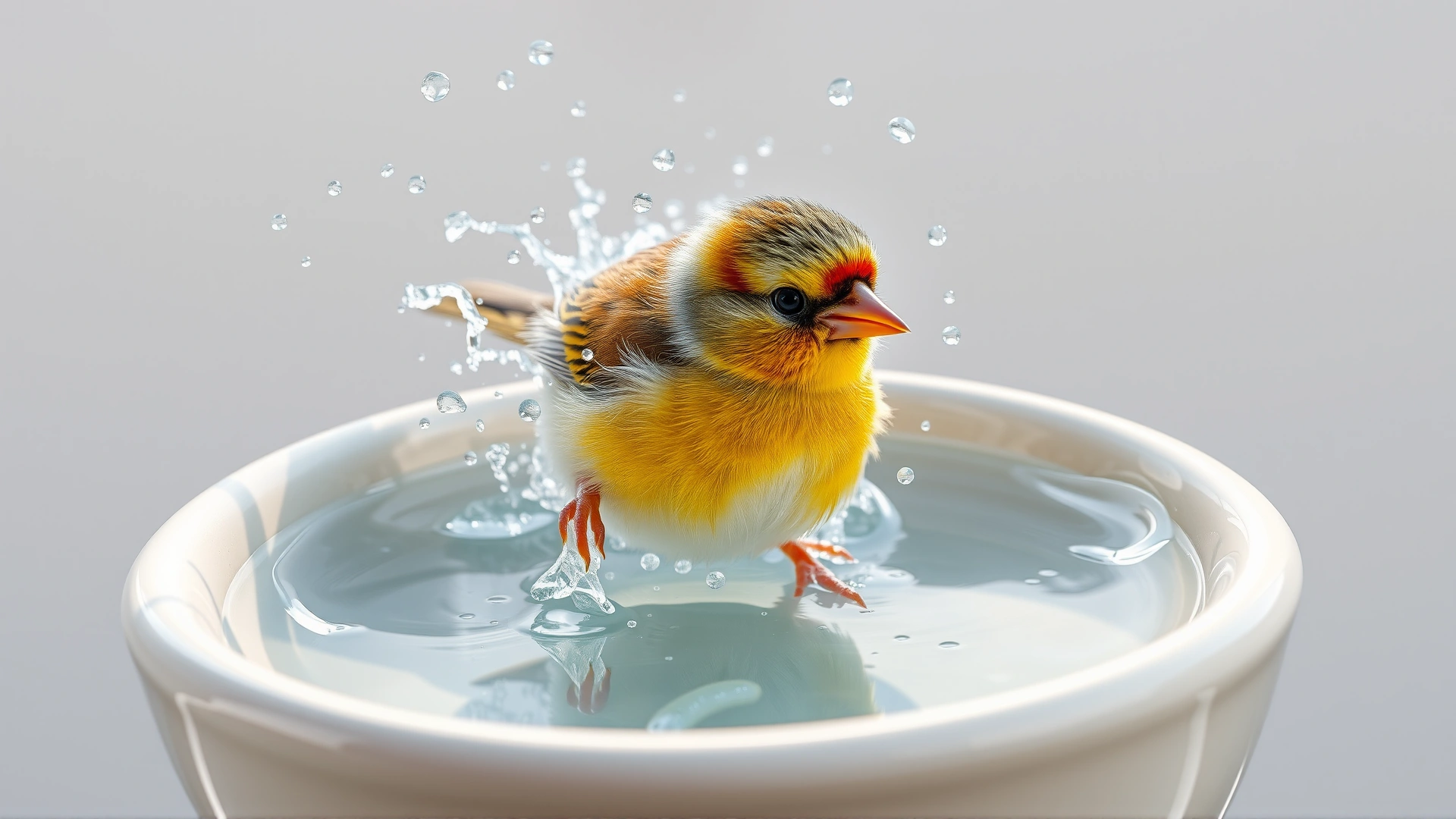 Adorable finch splashing in a shallow ceramic bath dish with water droplets frozen mid-air, bright background.