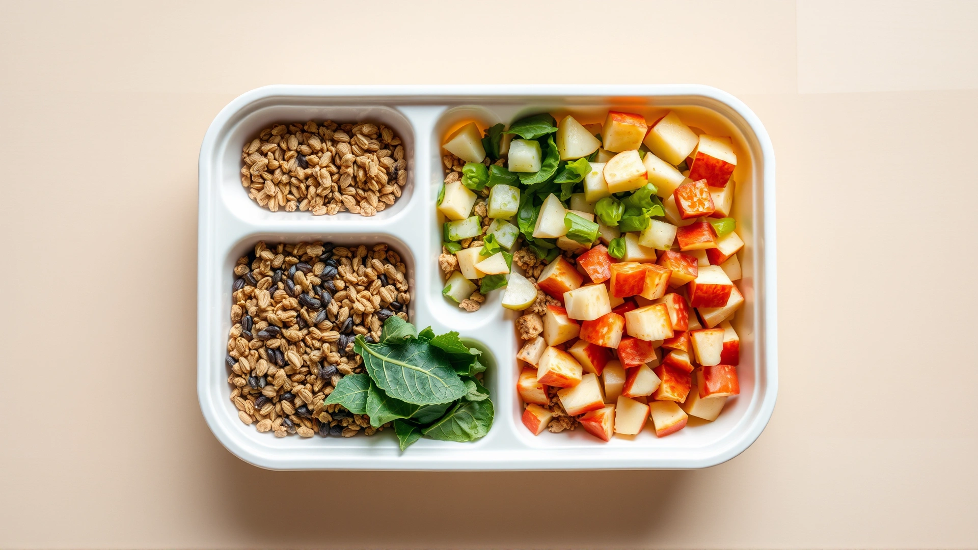 Top view of a divided feeding tray containing finch pellets, assorted seeds, chopped leafy greens and diced apples on a light wooden table.