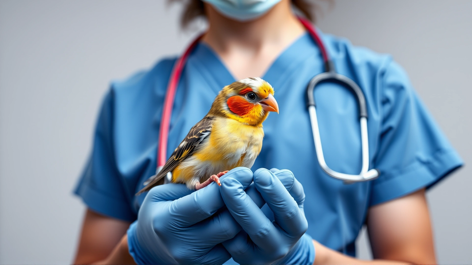 Veterinarian wearing blue scrubs gently holding a finch for examination, stethoscope in background, clinical setting with soft lighting.