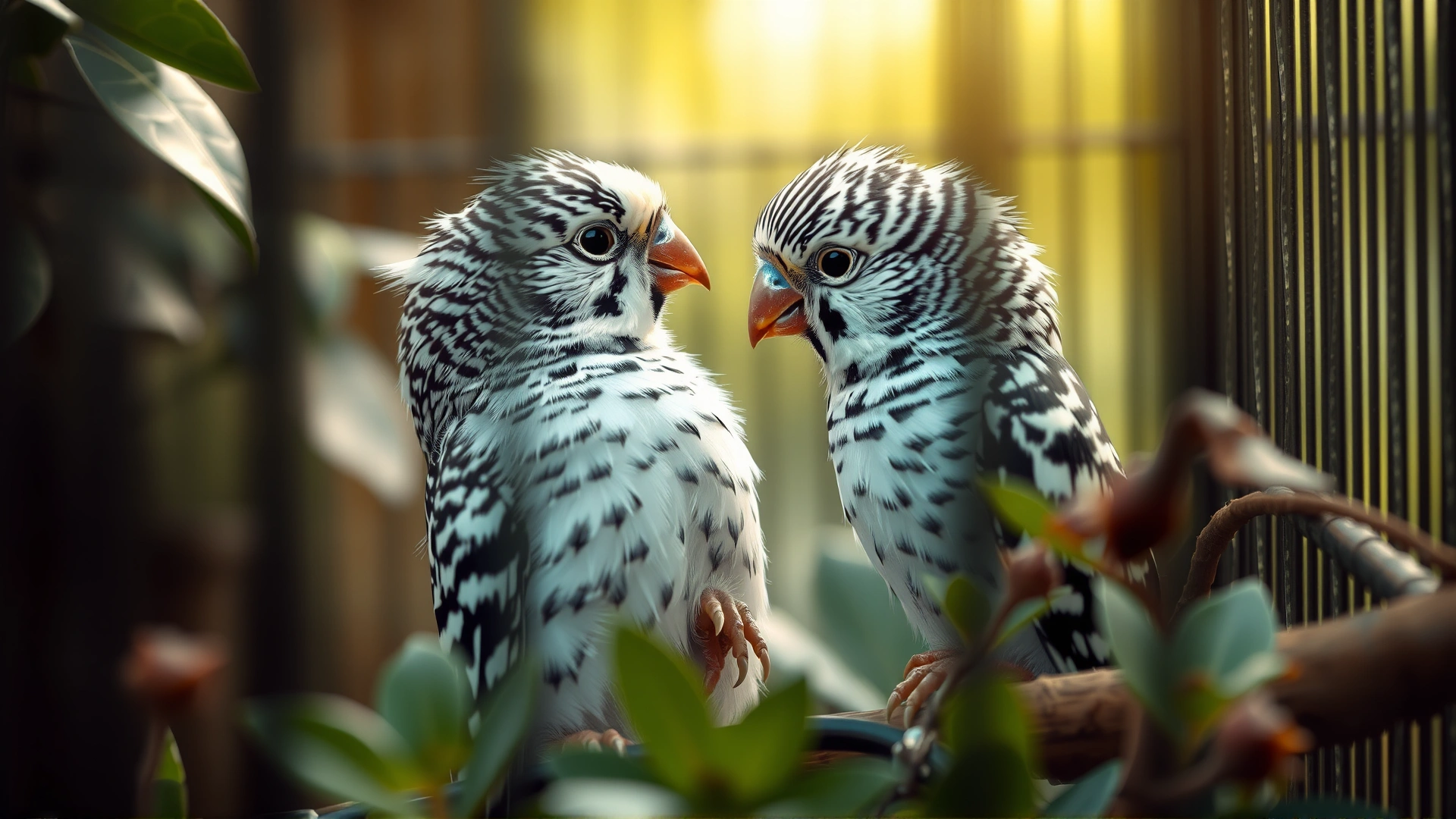 A pair of zebra finches interacting inside a planted cage, naturalistic environment, soft natural light
