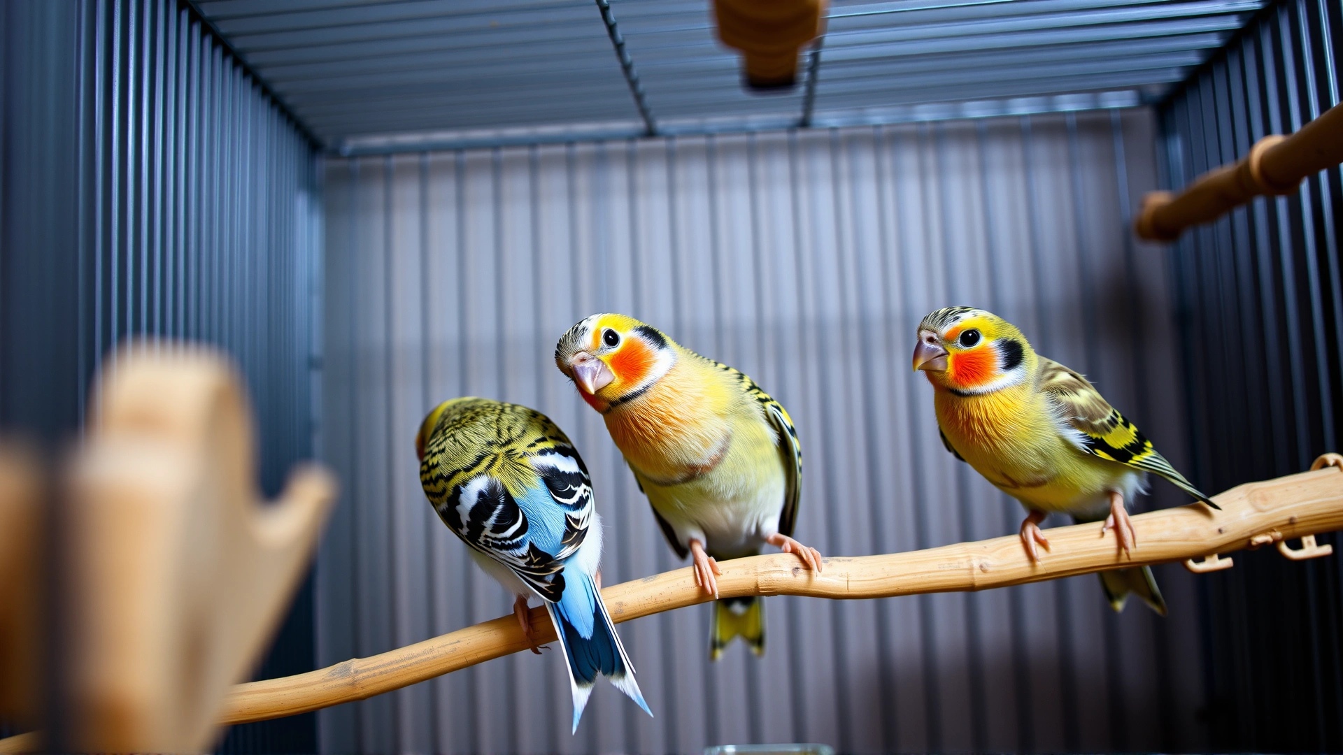 Group of three lively society finches interacting on a multi-level perch inside a spacious cage; shallow depth of field, neutral background.