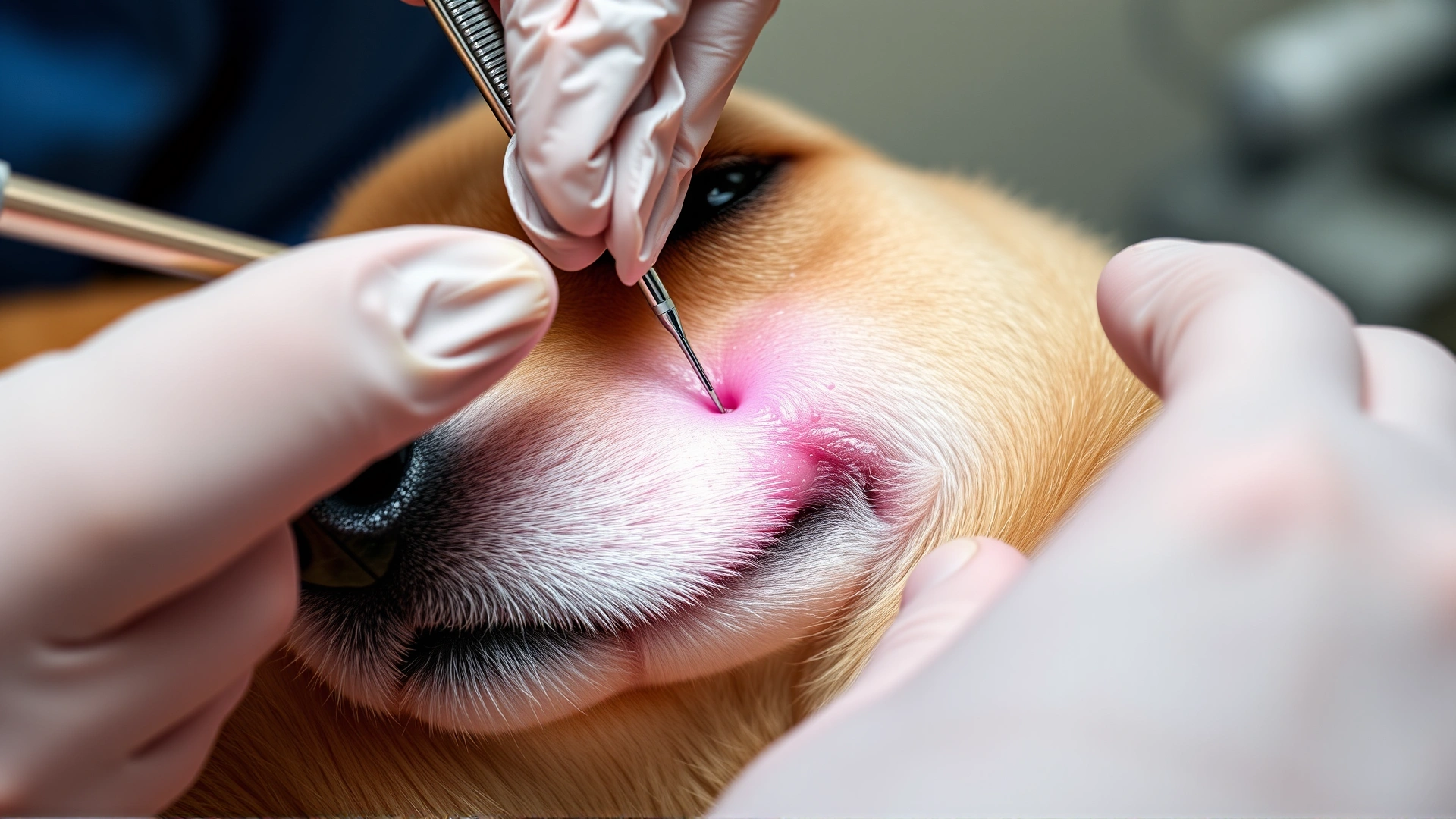Close-up of a fine needle aspiration procedure being performed on a sedated dog’s skin lump, hands in gloves visible.