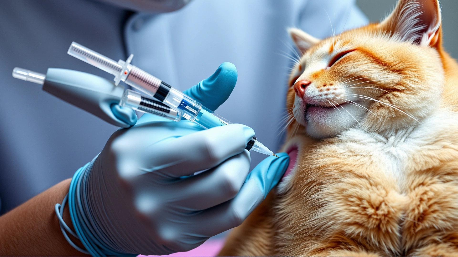 Vet performing a fine needle aspiration on a cat’s skin lump using a small syringe, focus on the procedure