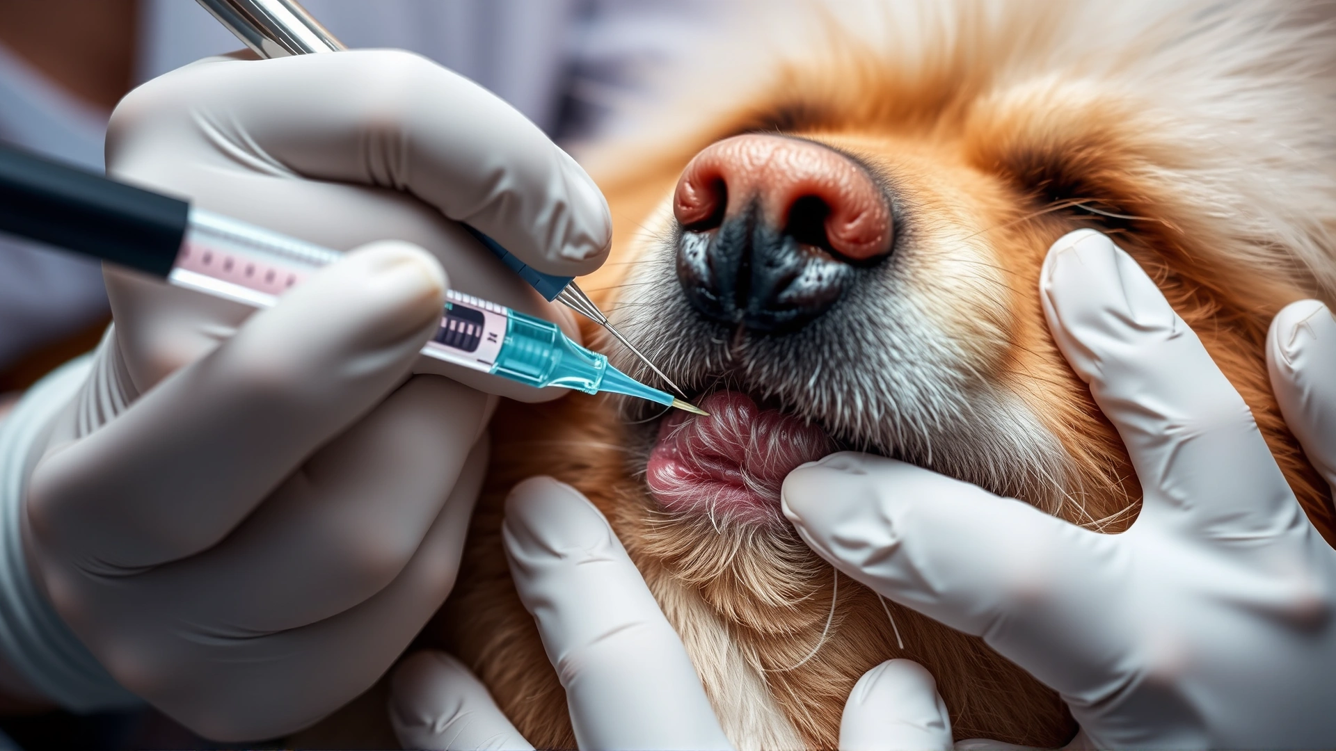 Close-up of a vet performing a fine needle aspirate on a small lump on a dog's side, syringe visible, no text.