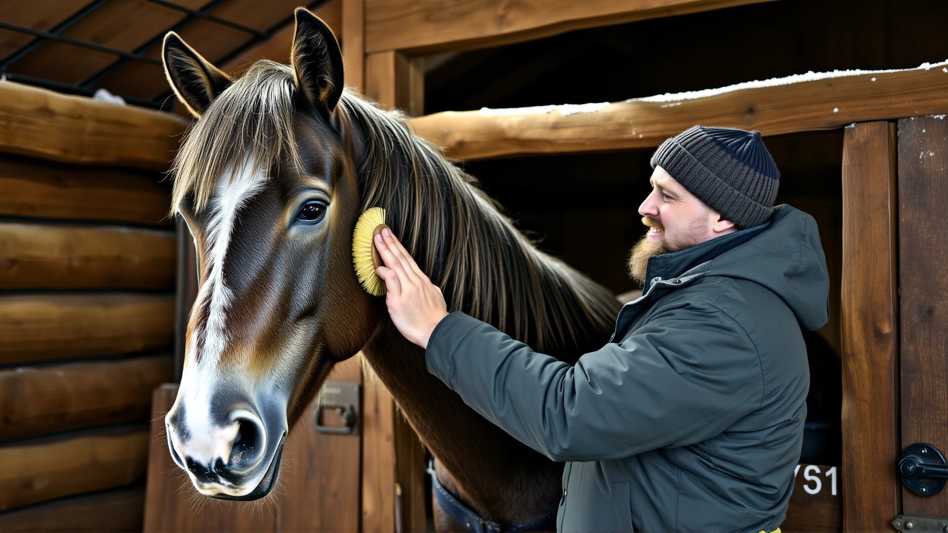 Owner grooming a Finnhorse inside a rustic wooden stable, brushing the horse's thick winter coat