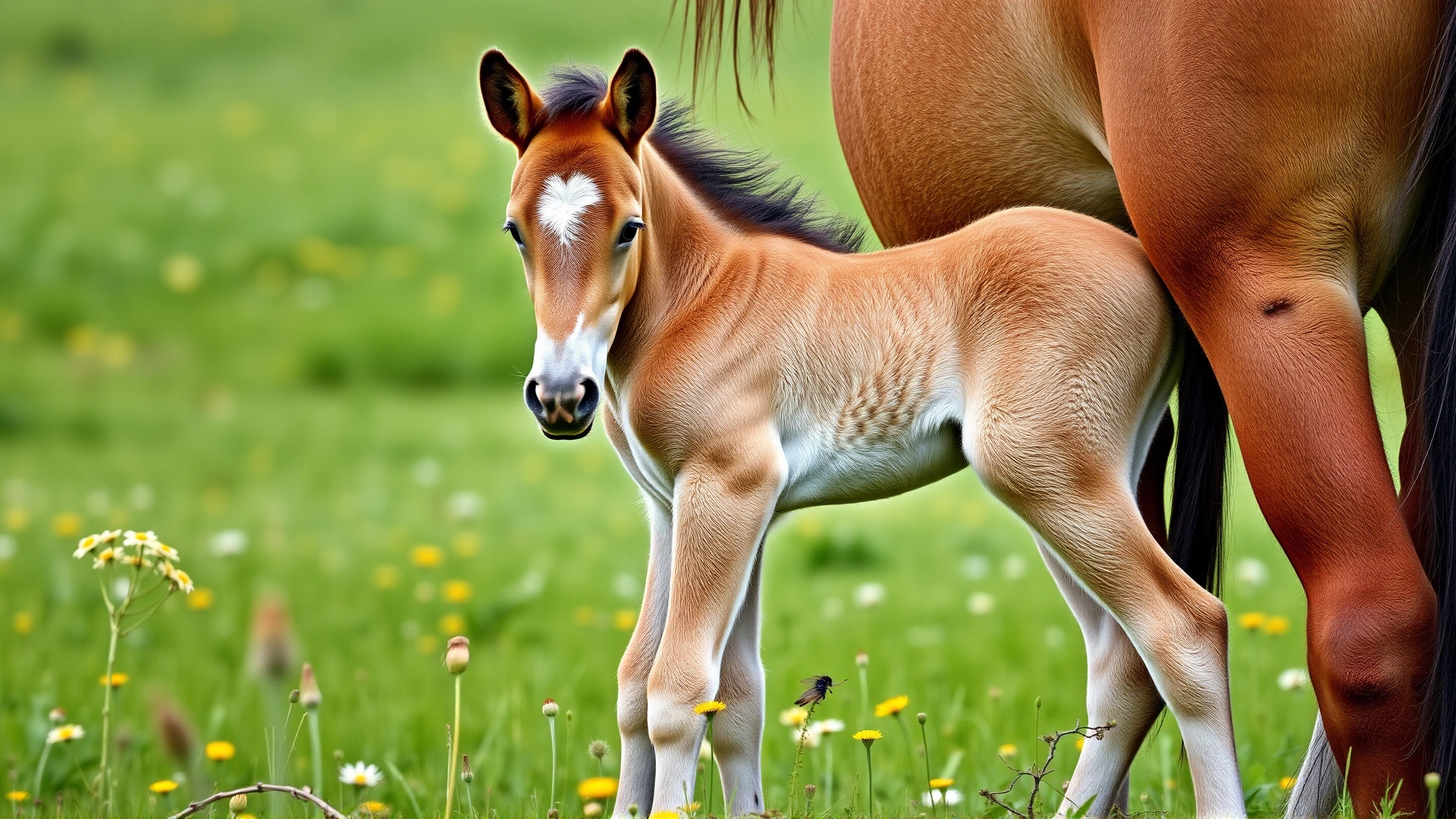 Adorable Finnhorse foal standing beside its dam in a green summer pasture dotted with wildflowers