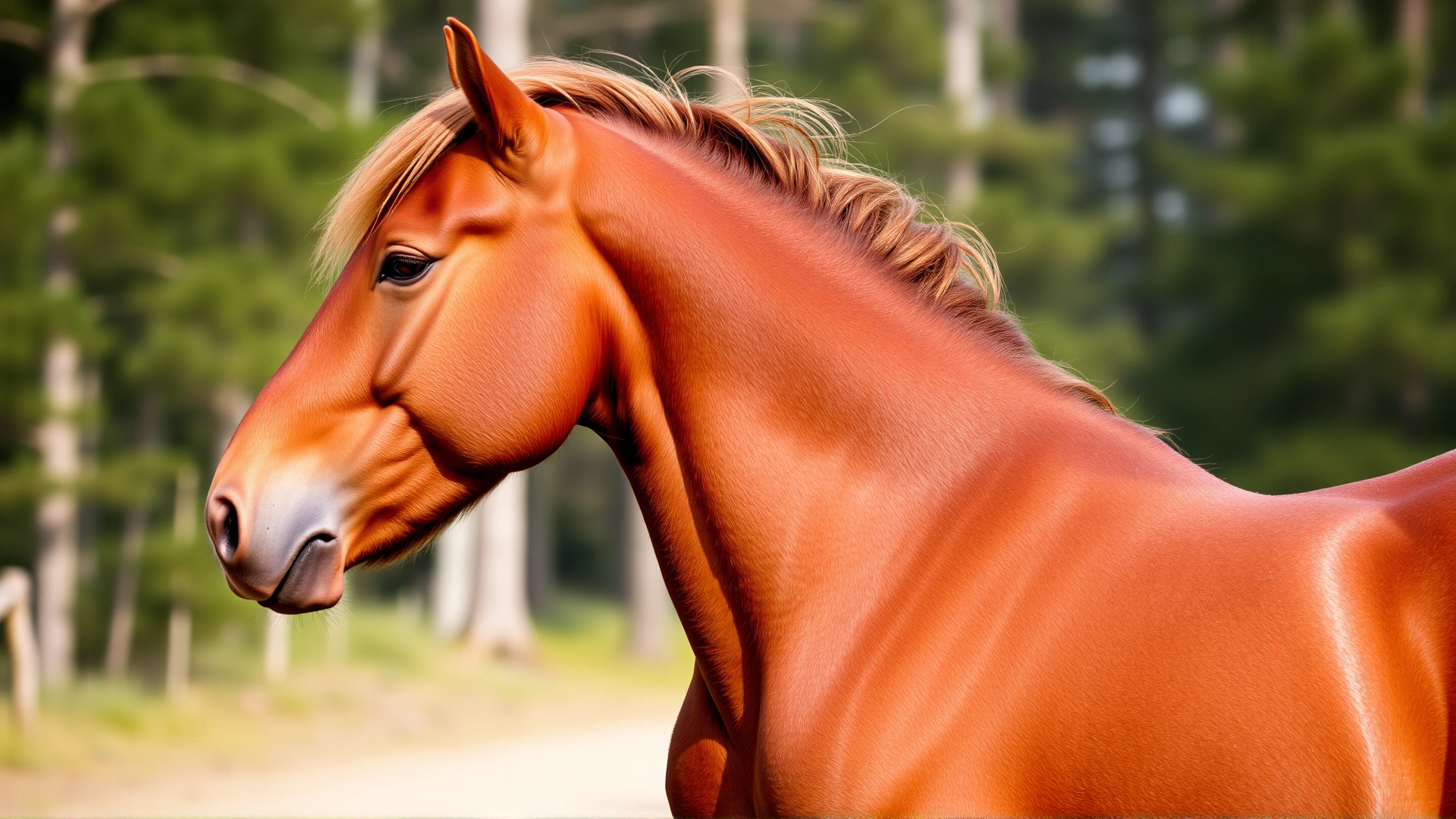 Side profile of an adult chestnut Finnhorse showing muscular body and thick mane against a forest backdrop