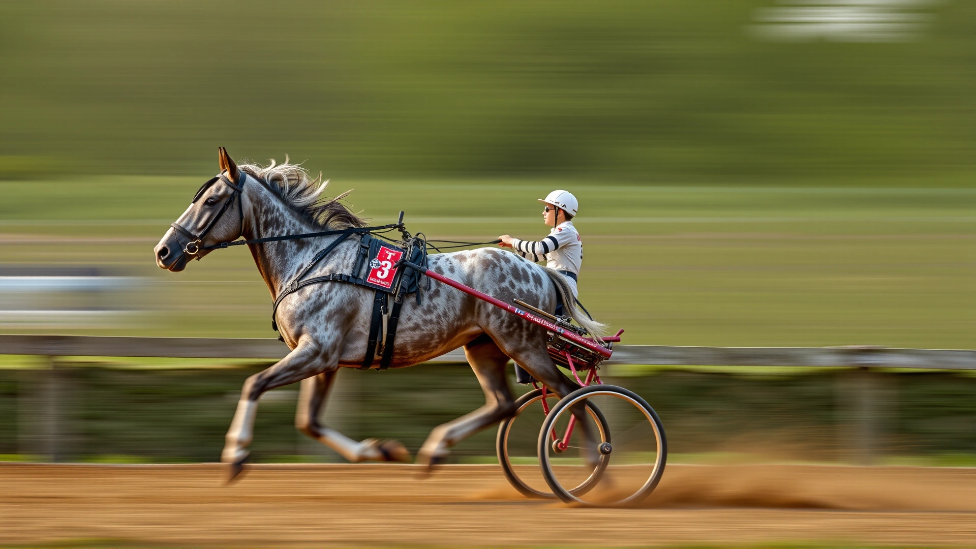 Finnhorse harness-racing on a dirt track with driver in traditional sulky, motion blur background conveying speed