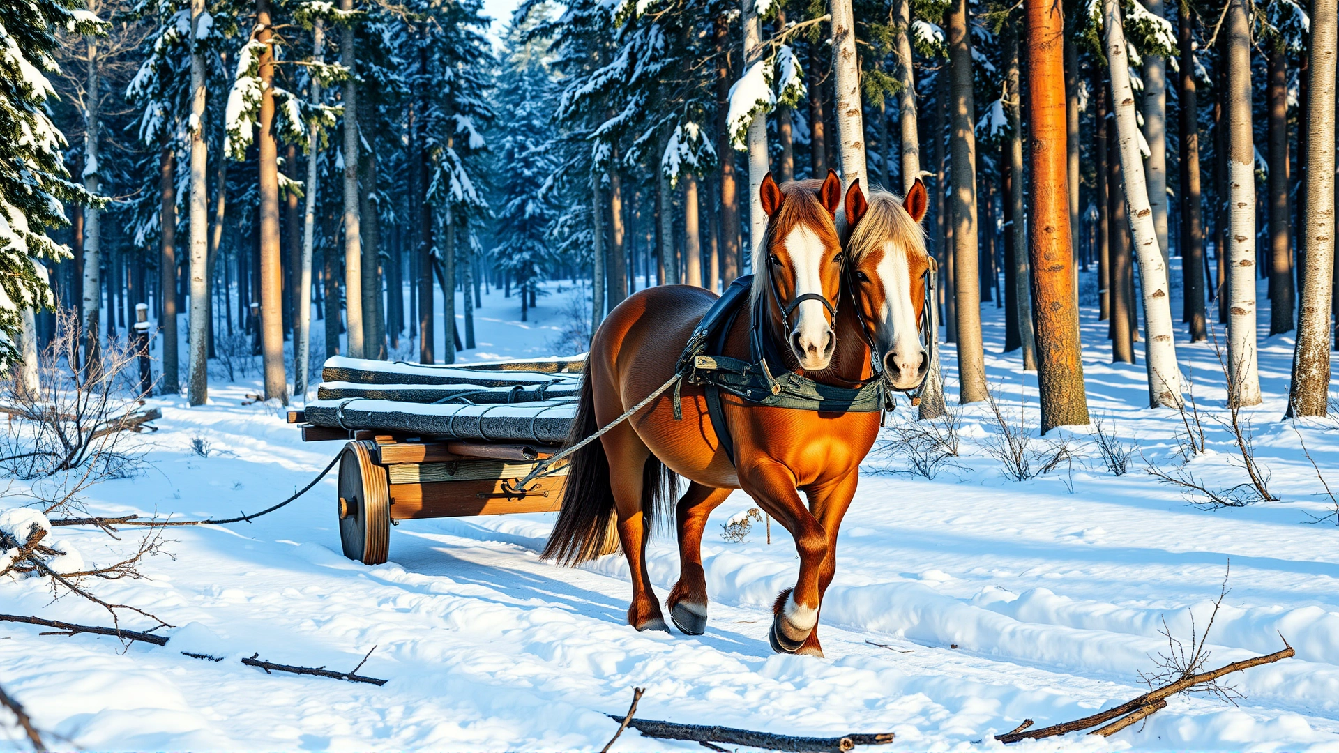 Pair of Finnhorses pulling freshly cut logs through a snowy Finnish forest, demonstrating strength and teamwork
