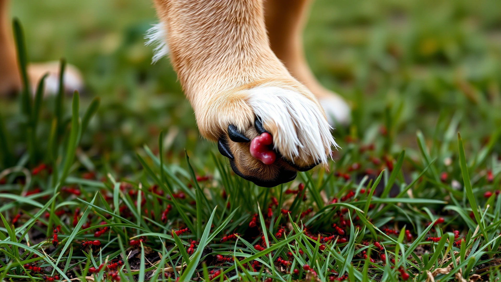 Dog lifting its paw while standing on a patch of grass filled with red fire ants, visible irritation on the paw pad