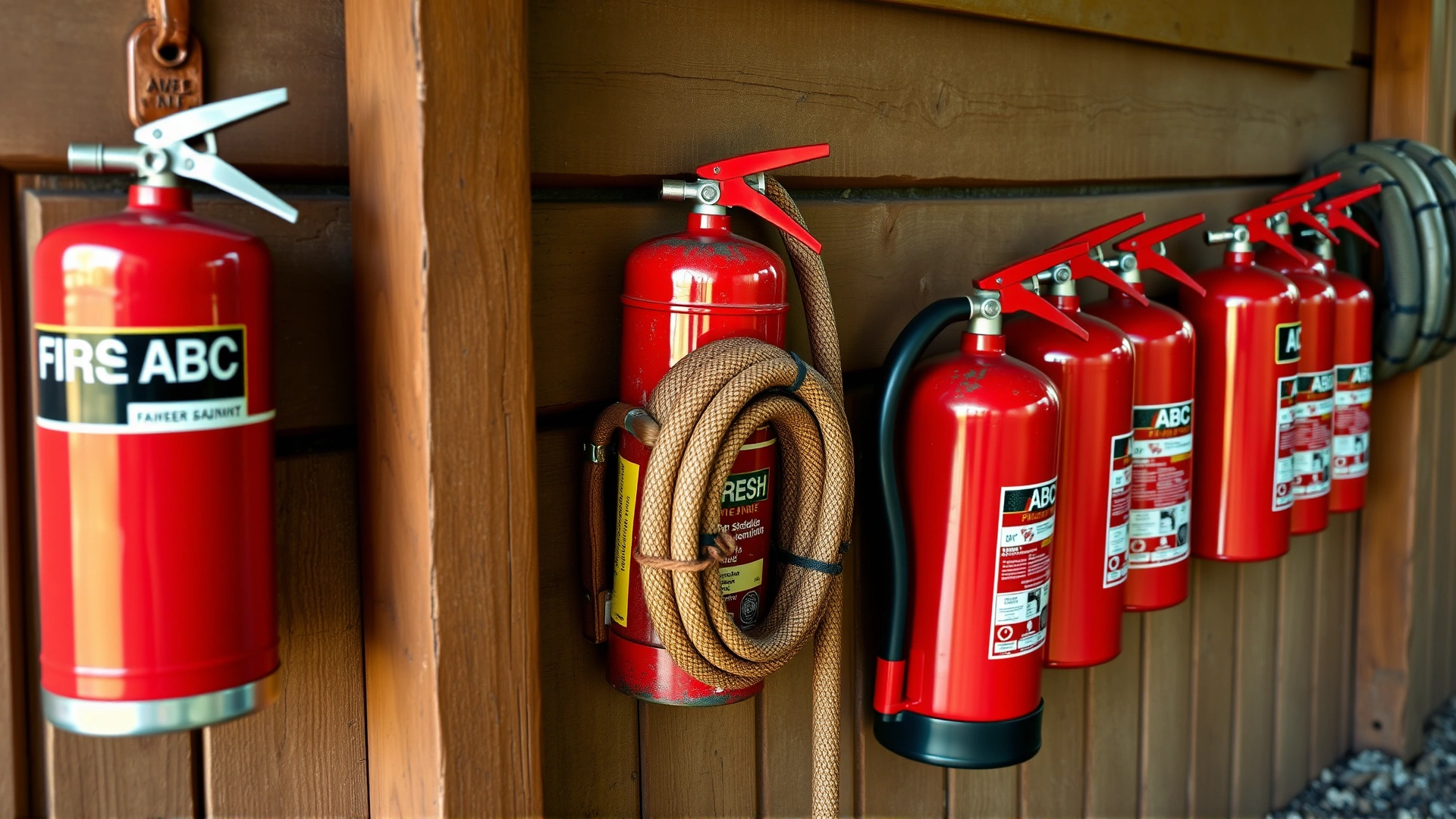 Row of red ABC fire extinguishers and a rolled fire hose mounted on a barn wall ready for use
