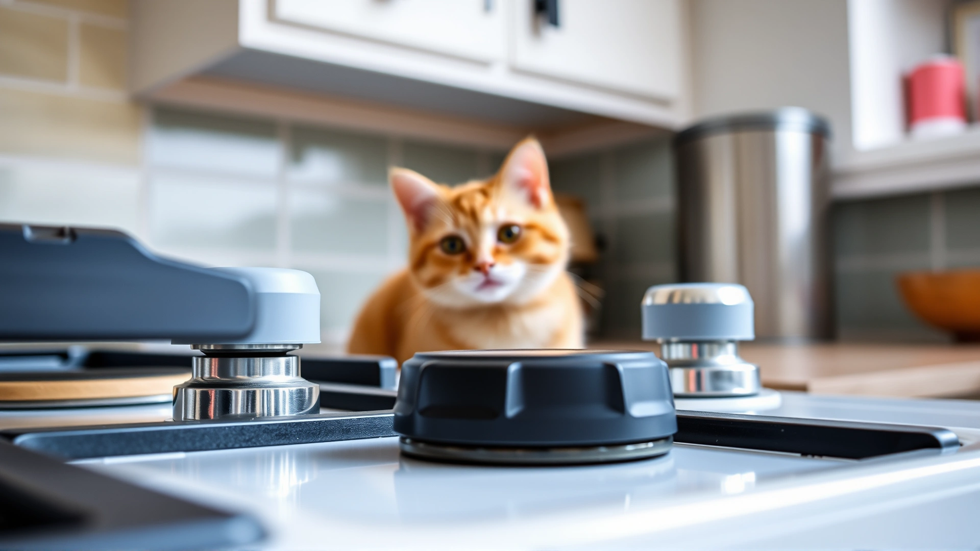 Close-up of kitchen stove knobs fitted with child-proof covers while a curious cat watches in the background; bright, well-lit indoor scene.