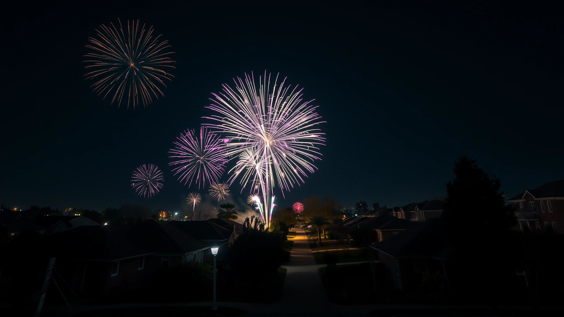 Wide shot of colorful fireworks exploding in the night sky above a suburban neighborhood, no text or humans, to illustrate loud sudden noises.