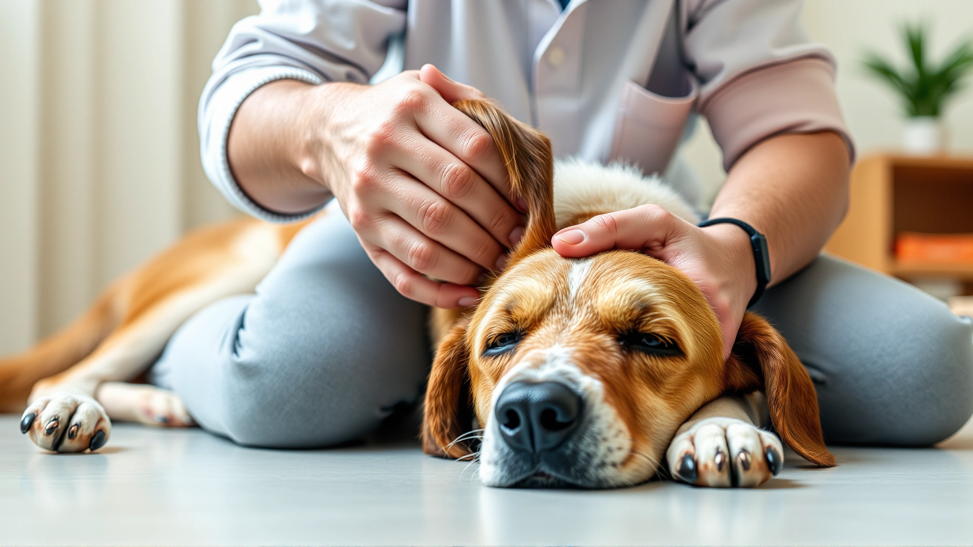 Dog owner gently holding their fainted dog’s head while checking airway; indoor scenario, calm atmosphere, demonstrates first-aid response