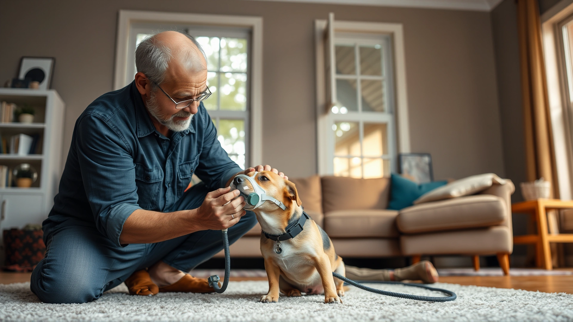 Concerned pet owner placing an oxygen mask over a small dog’s snout in a well-lit living room with open windows after a fire.