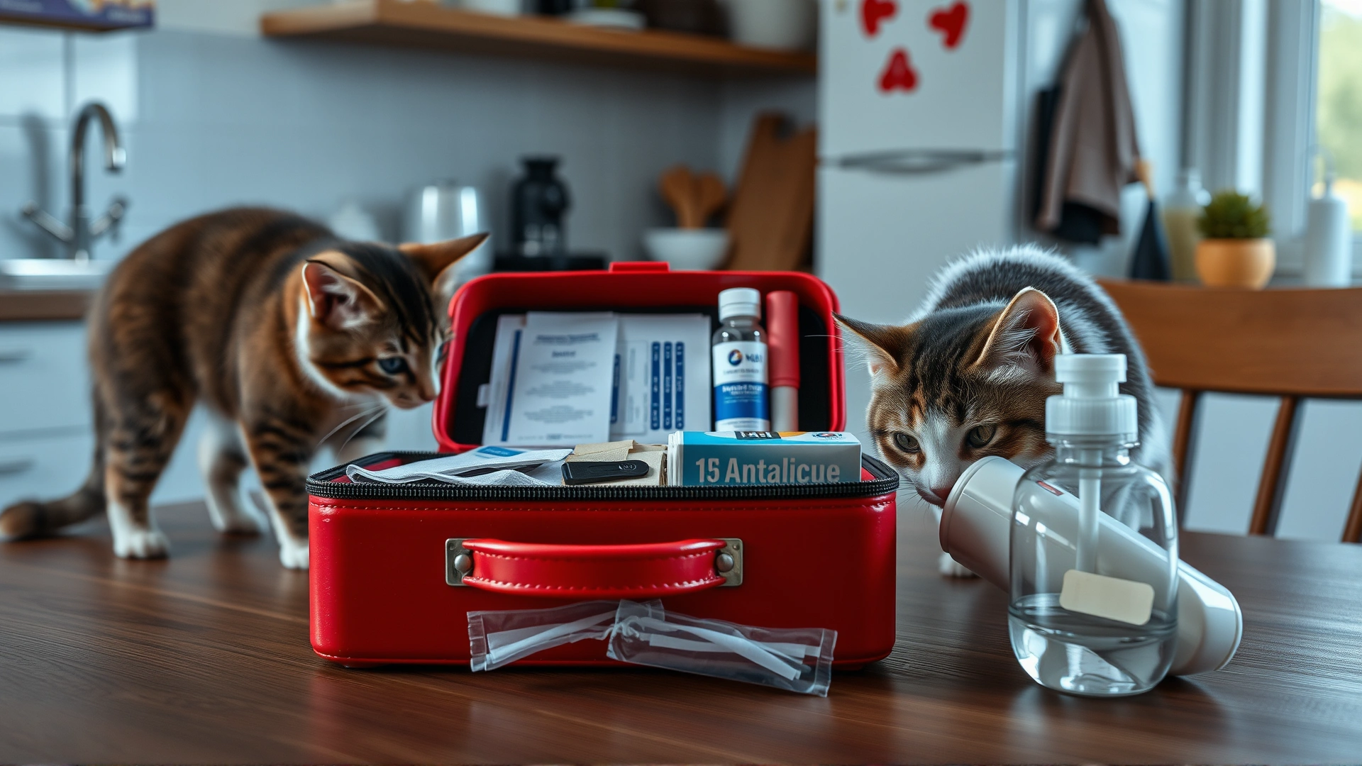 Pet first-aid kit open on a kitchen table, containing gauze, saline, bandages, and antiseptic, with a curious cat sniffing nearby, soft daylight