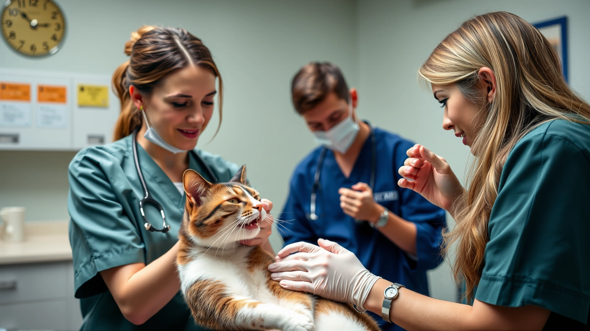 Female veterinarian in a clinic gently rinsing a cat's mouth with a syringe of water while an assistant holds the cat.