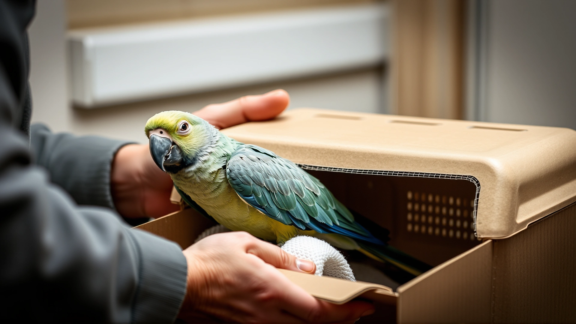 Photo of a bird owner carefully placing an injured parrot into a small ventilated cardboard carrier lined with a soft towel.