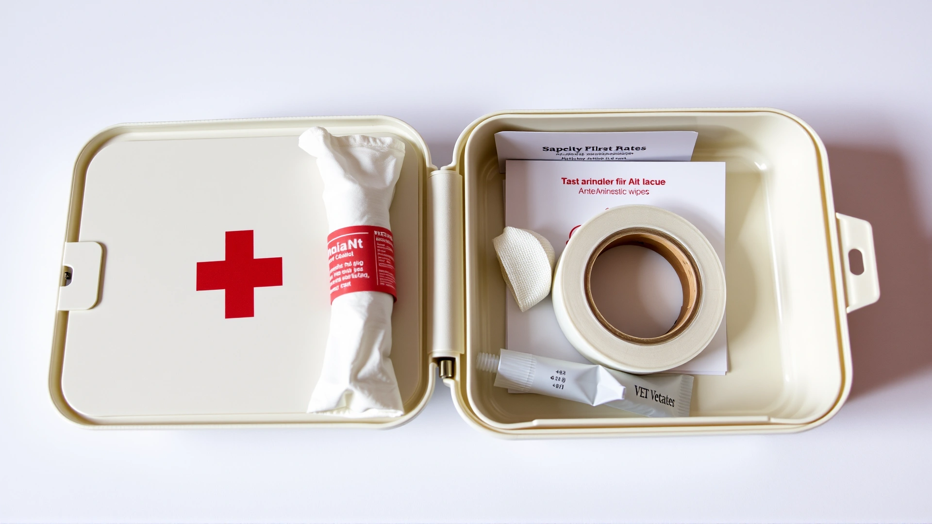 Compact avian first aid kit opened to reveal gauze, bandage tape, antiseptic wipes and a vet contact card, placed on a white background.