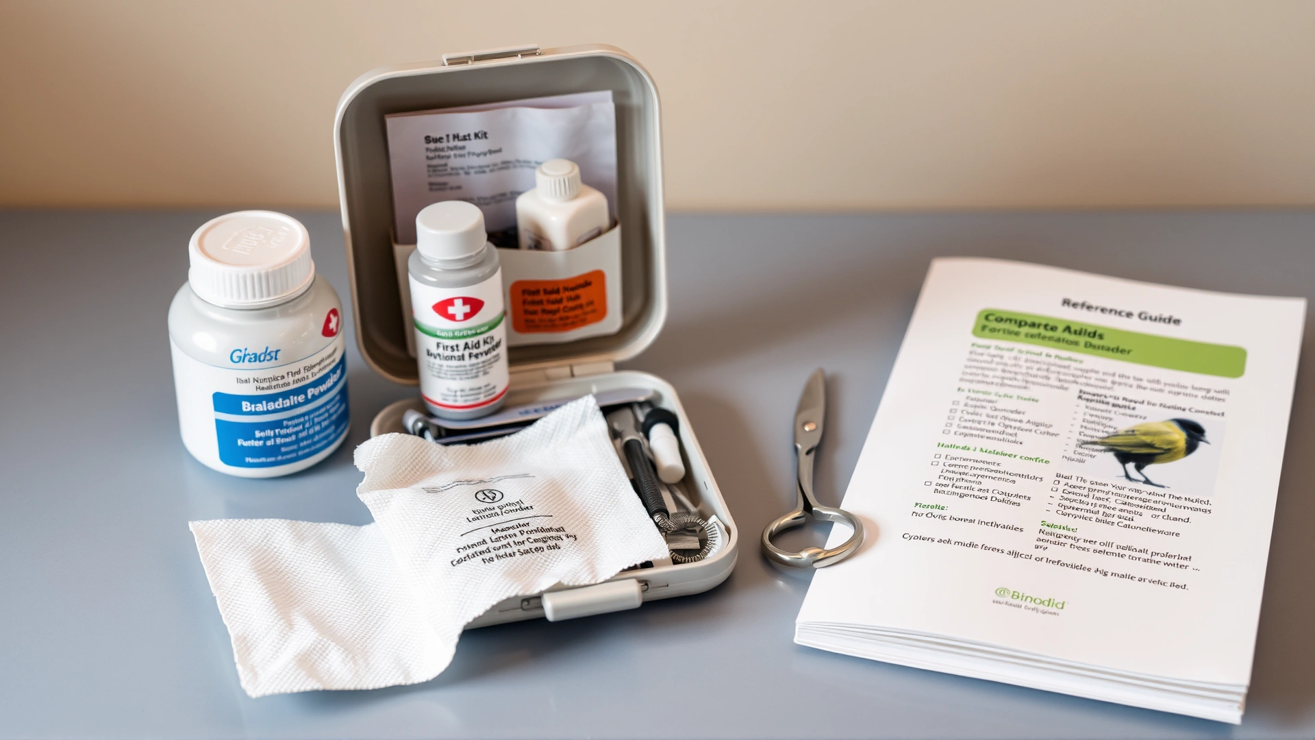 Compact bird first aid kit open on a table, showing gauze, styptic powder, and small scissors beside a reference guide.
