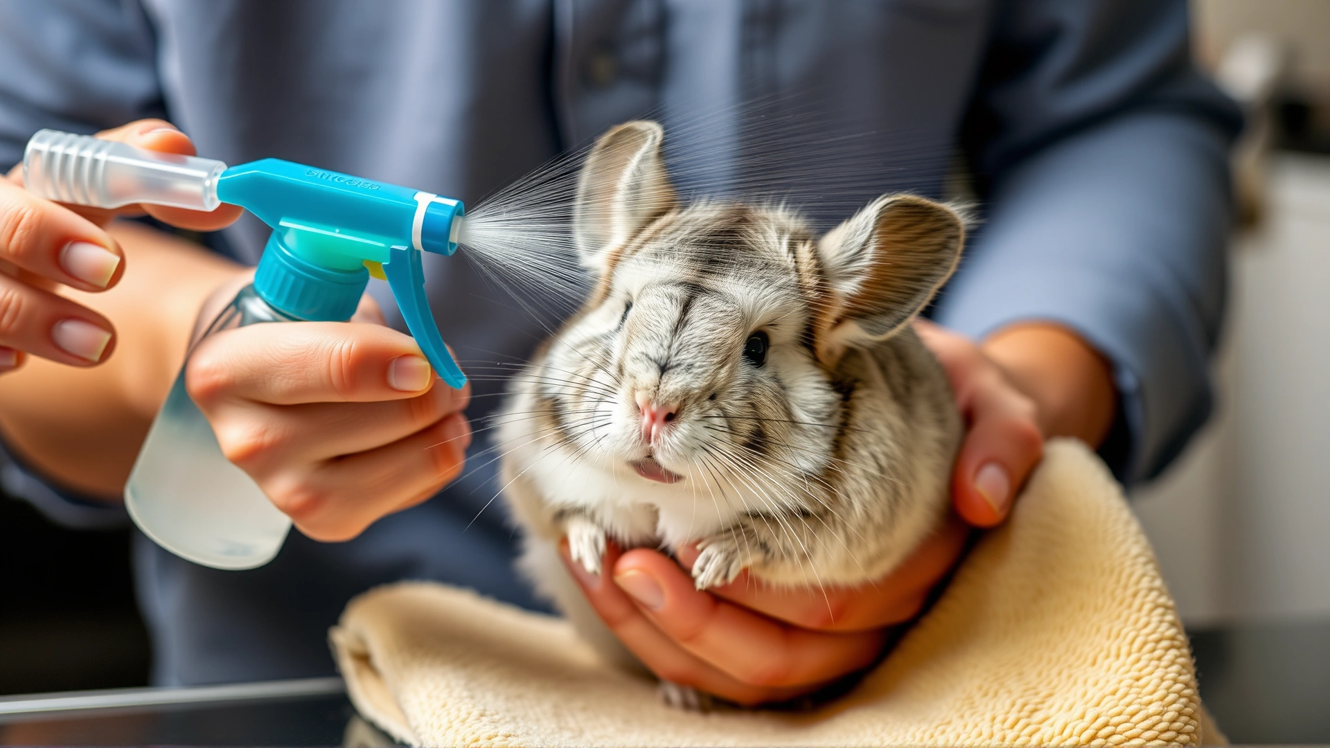 Owner gently misting a chinchilla with lukewarm water from a spray bottle while holding the animal over a soft towel
