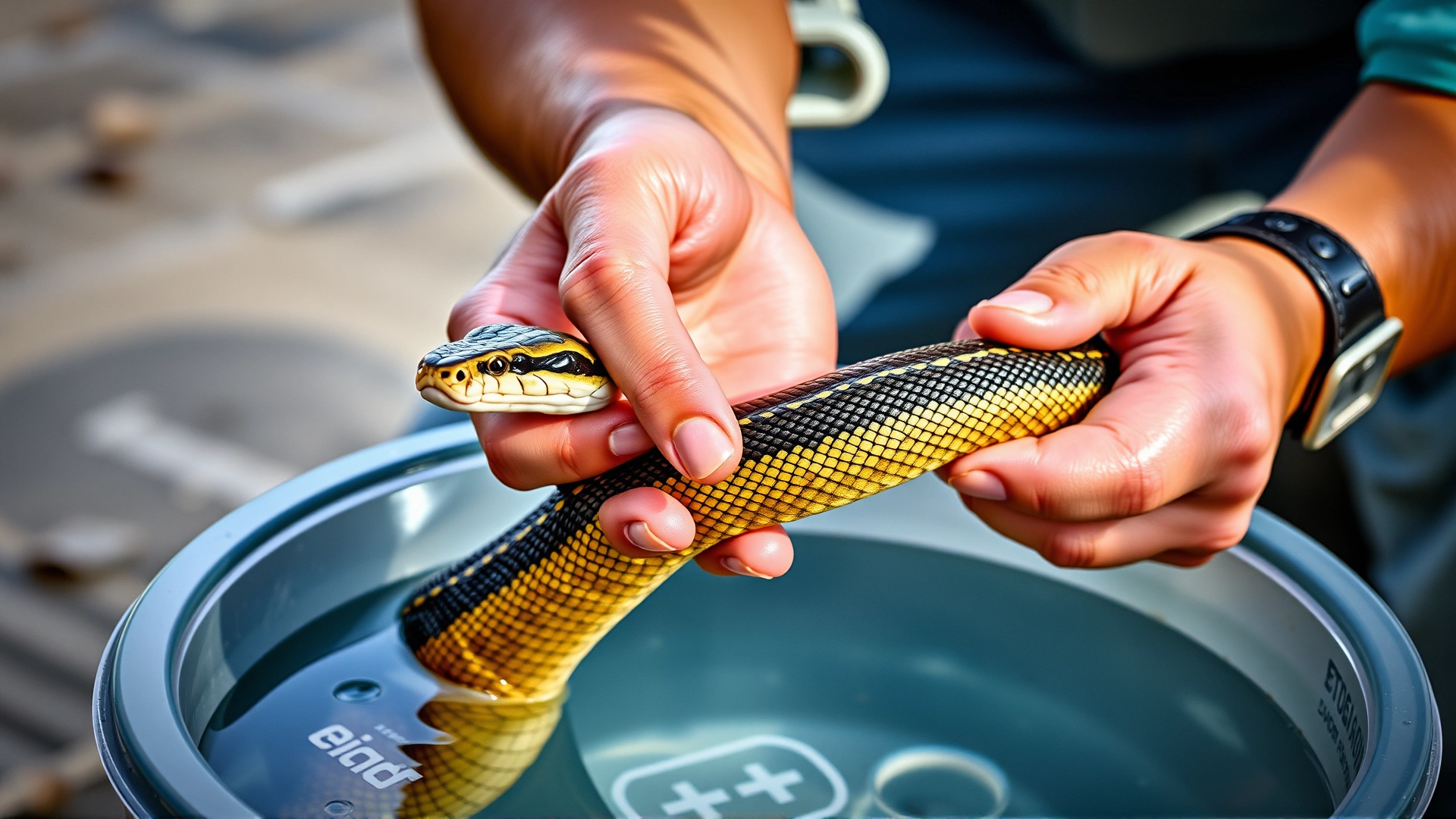 Owner gently holding a snake over a shallow container of cool water, demonstrating emergency first-aid for self-bite.