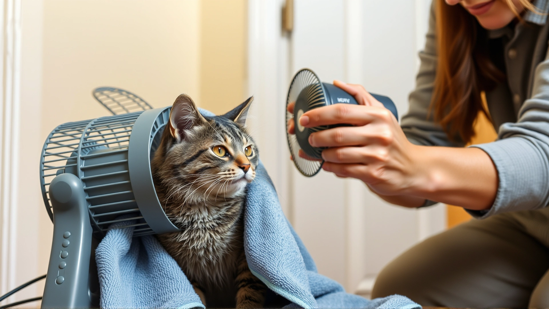Pet owner wrapping a damp towel around a gray tabby cat while directing a small fan toward it, indoor setting, calm but urgent scene.
