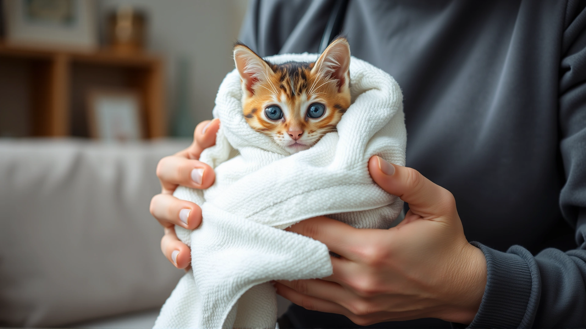An owner gently wrapping a small cat in a soft towel, hands visible showing care, neutral indoor background (no text).