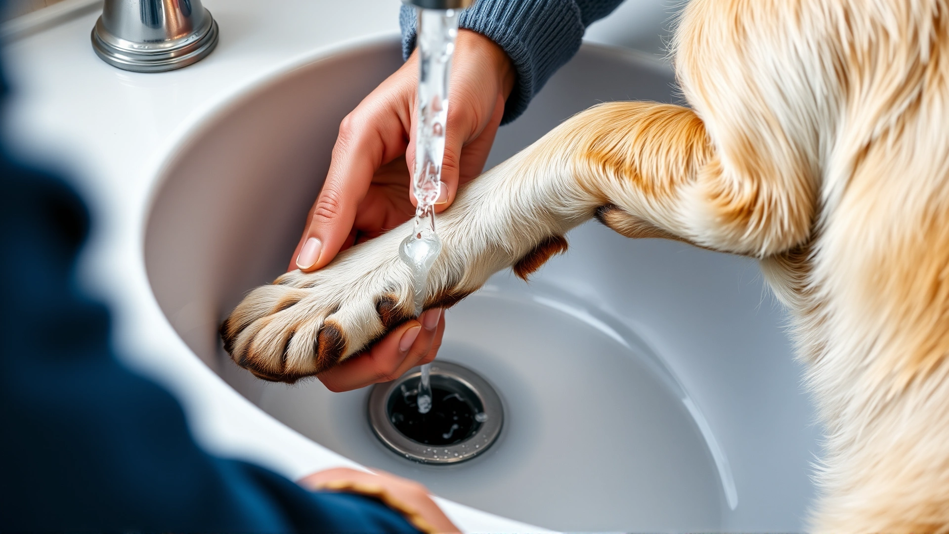 Owner gently rinsing a dog's paw under cool running water in a sink, demonstrating first aid for paw pad burns, close-up shot