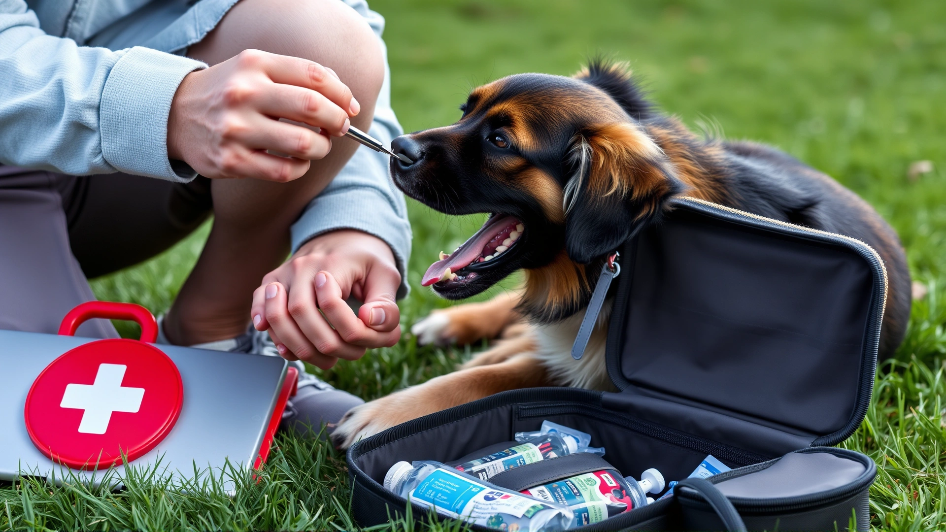 Dog owner gently examining the inside of a dog's mouth while a pet first aid kit is open beside them on the grass.