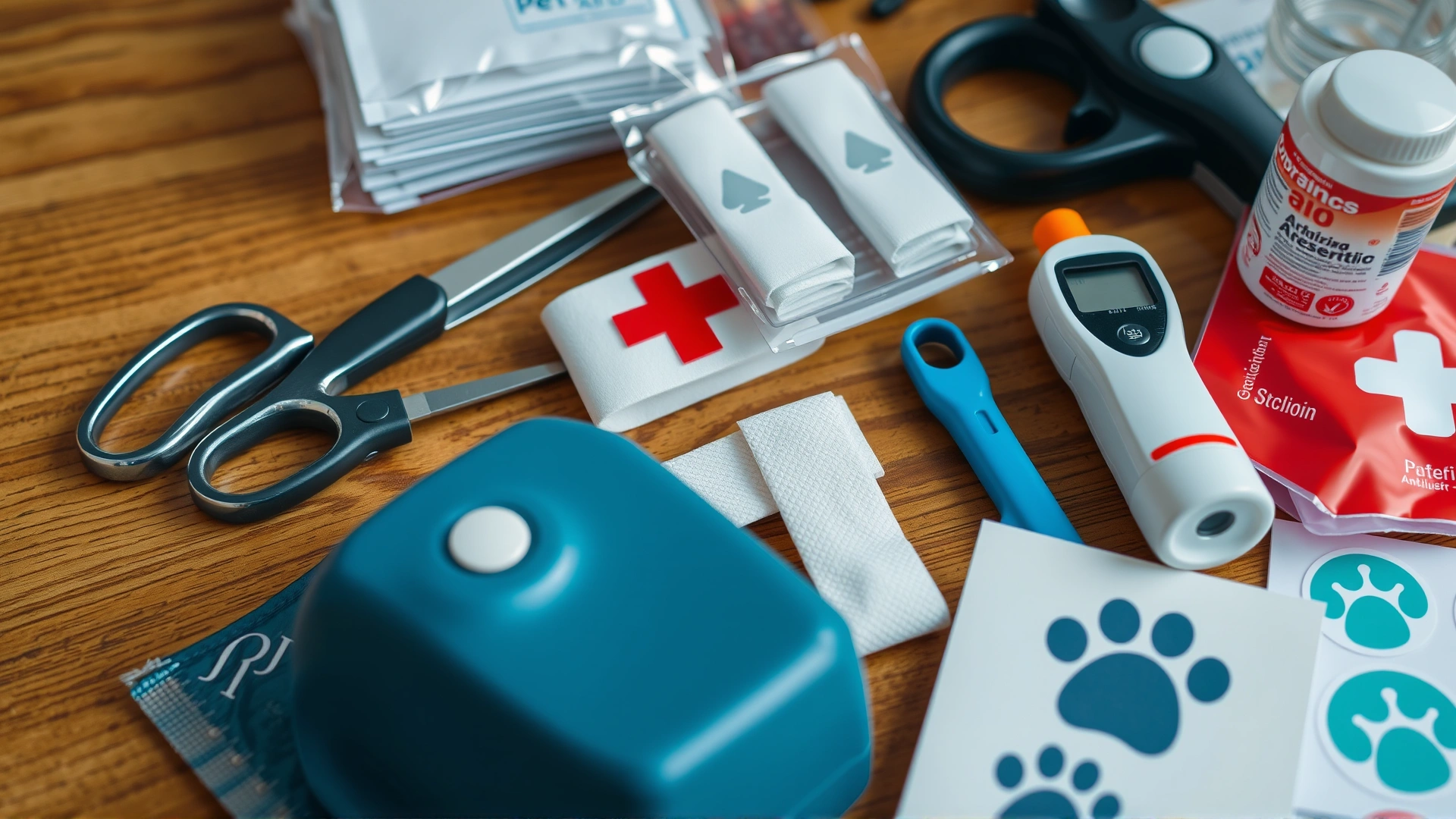 Close-up of a well-organized pet first aid kit on a wooden table, including bandages, scissors, antiseptic, digital thermometer, and paw-print stickers.