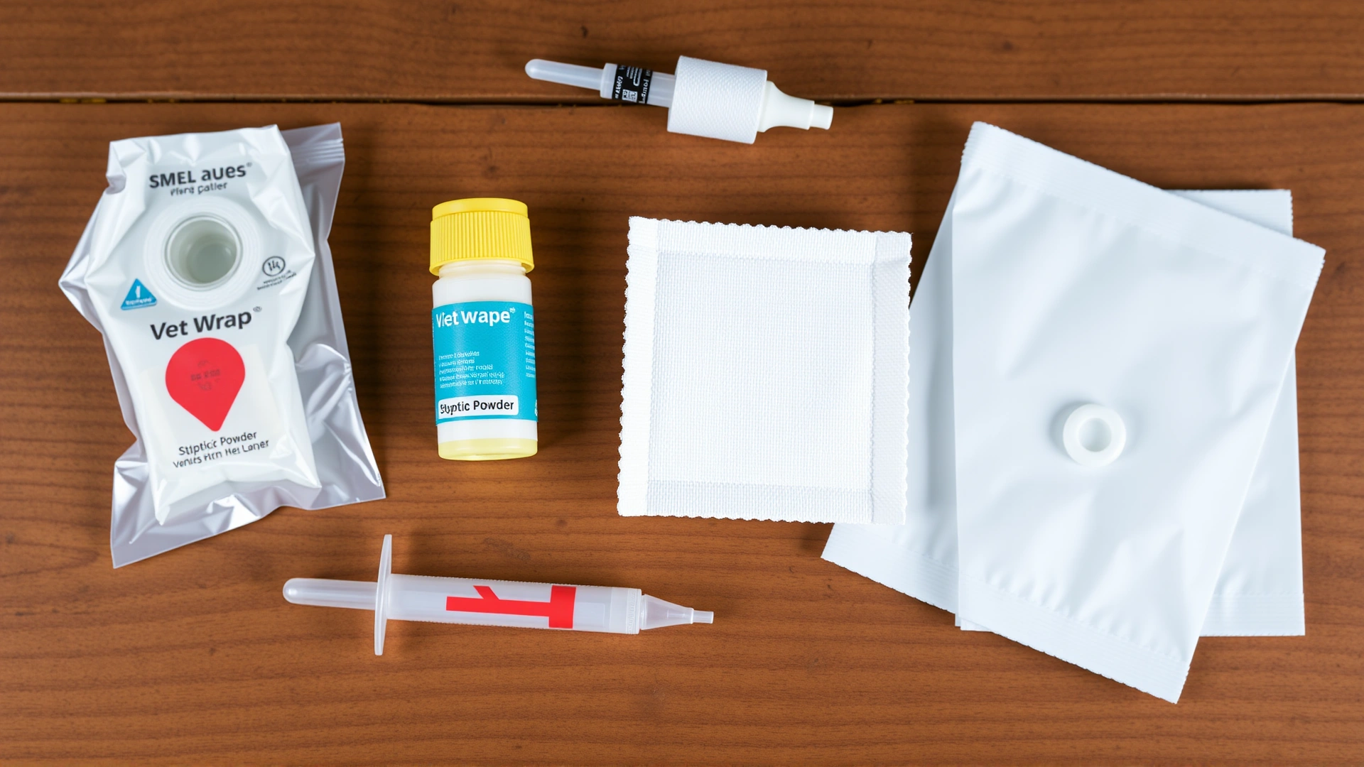 Flat lay of a bird-specific first-aid kit: small gauze pads, vet wrap, styptic powder, tiny syringe, placed neatly on a wooden surface.