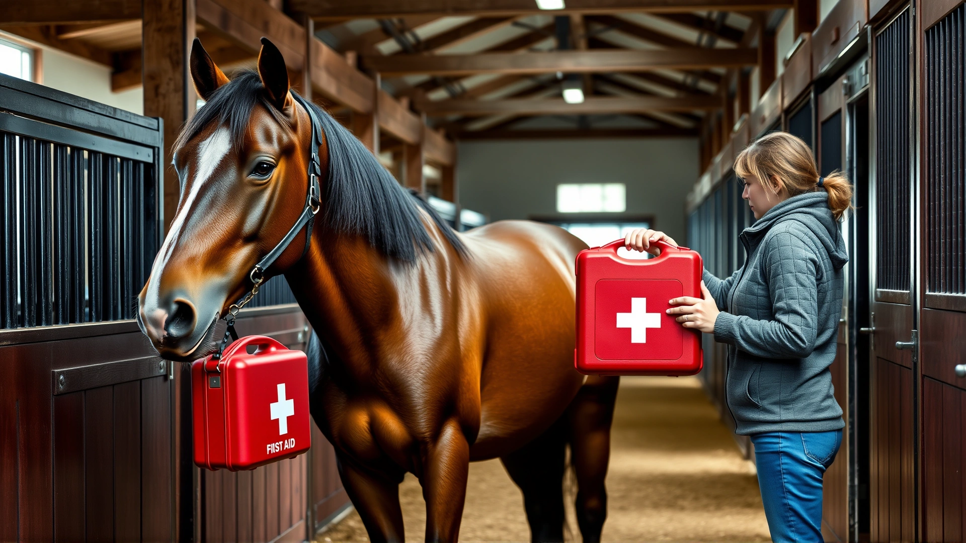 Stable aisle scene with a horse owner holding a red first aid kit next to a calm bay horse, illustrating preparedness for emergencies, no text.