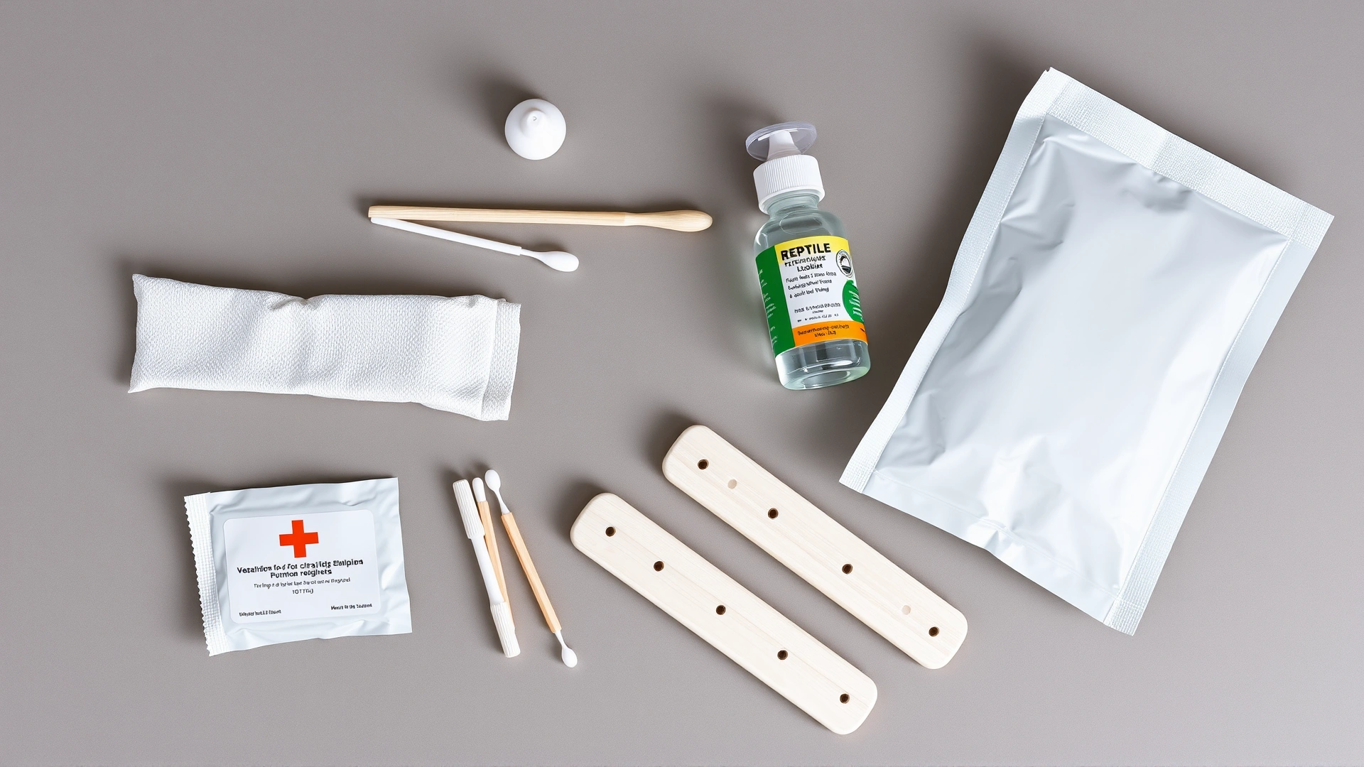 Flat lay of reptile first-aid items: sterile gauze, cotton swabs, saline solution, wooden splints, and heat pack on neutral background.