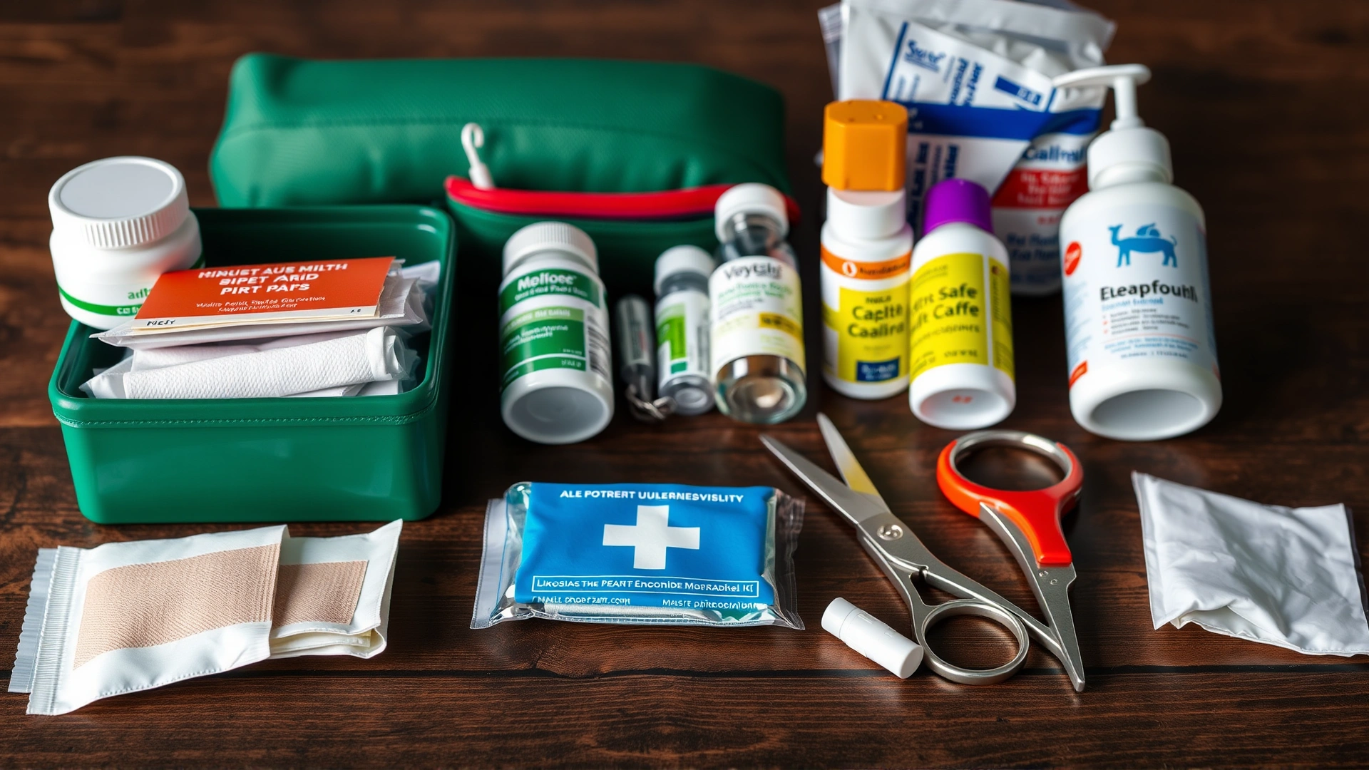 A neatly organized pet first aid kit with bandages, gauze, scissors and pet-safe medications on a wooden table
