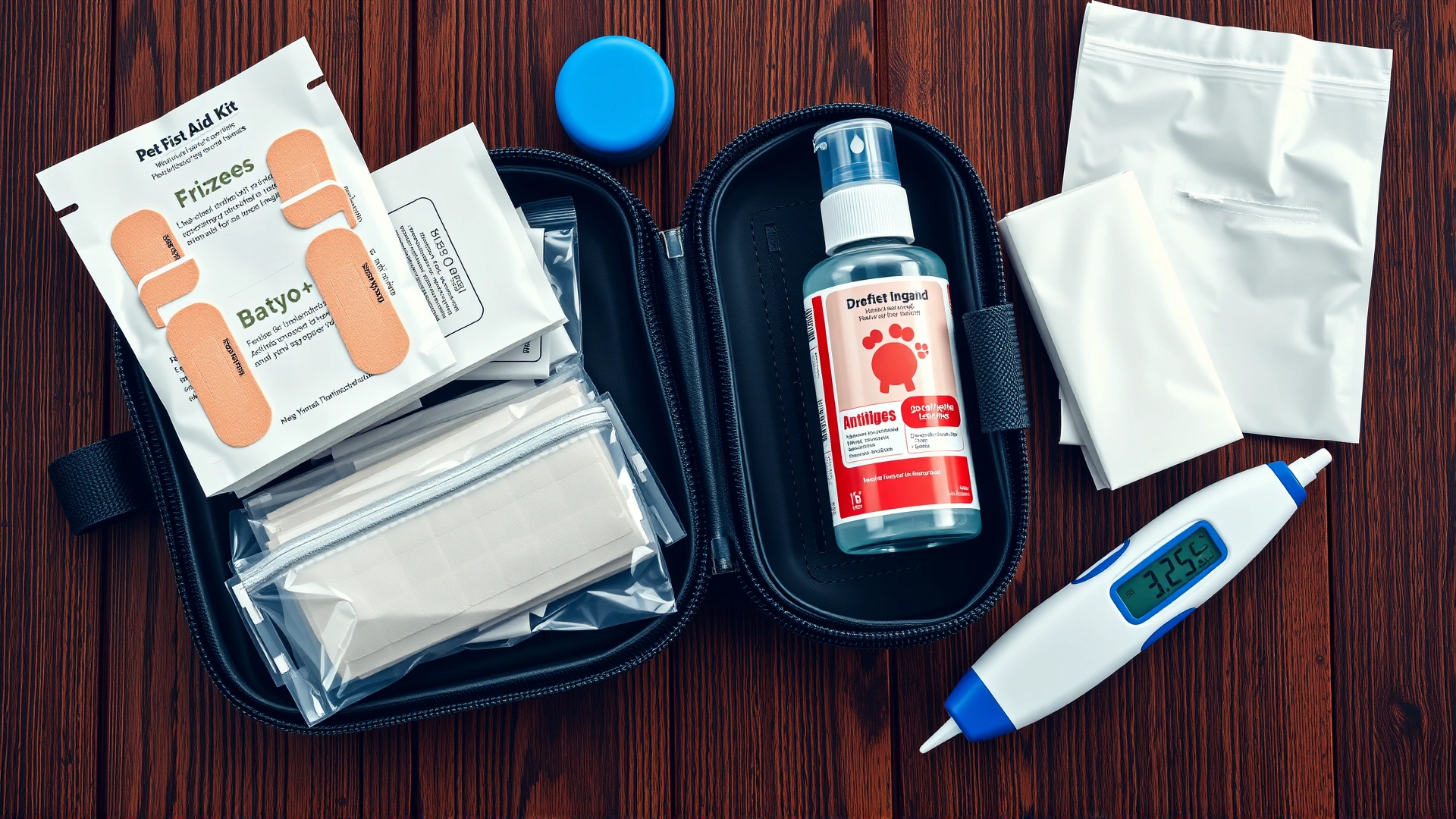 Flat-lay of a pet first aid kit open on a wooden table, featuring bandages, antiseptic spray, and a digital thermometer designed for animals.
