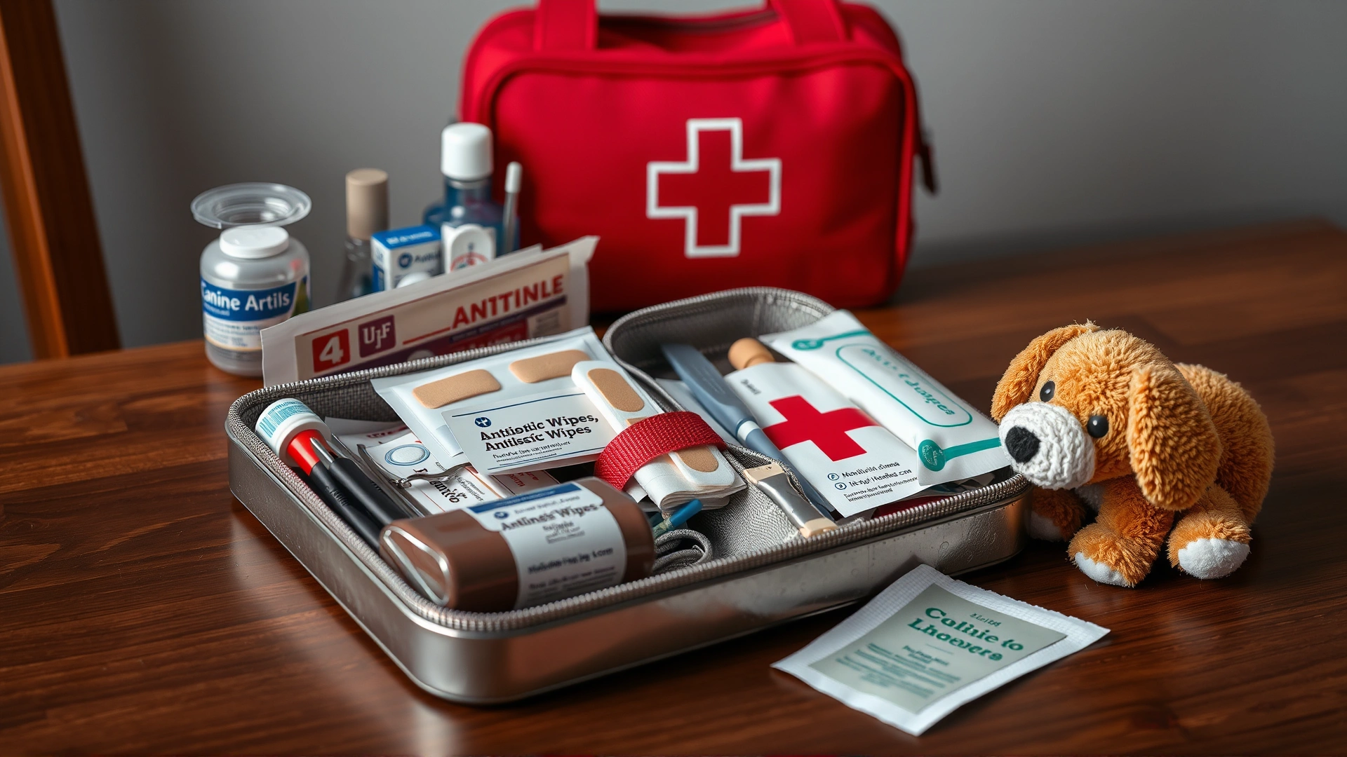 A canine first-aid kit opened on a table, showing bandages, antiseptic wipes, tweezers, and gauze next to a small plush dog.