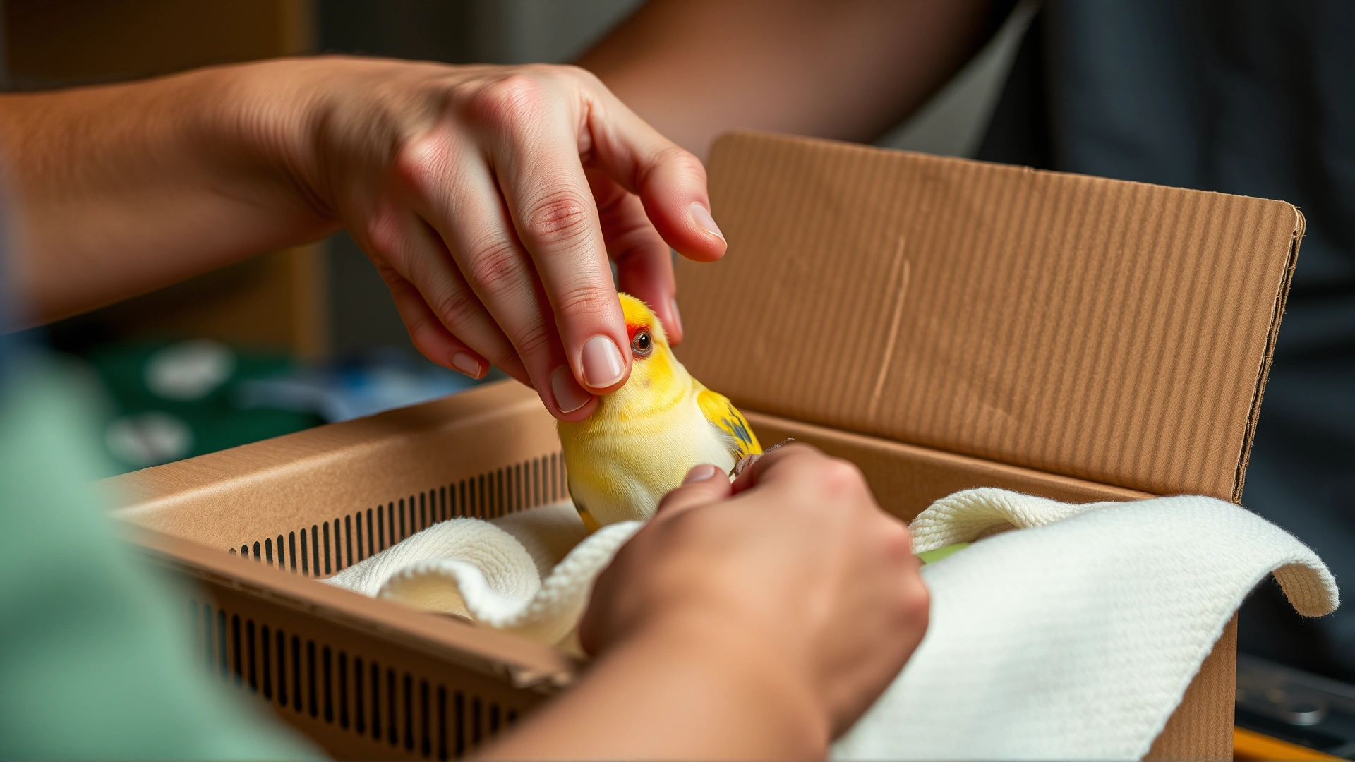 Step-by-step scene: owner placing an injured lovebird into a ventilated cardboard box lined with a soft towel, focus on gentle handling.