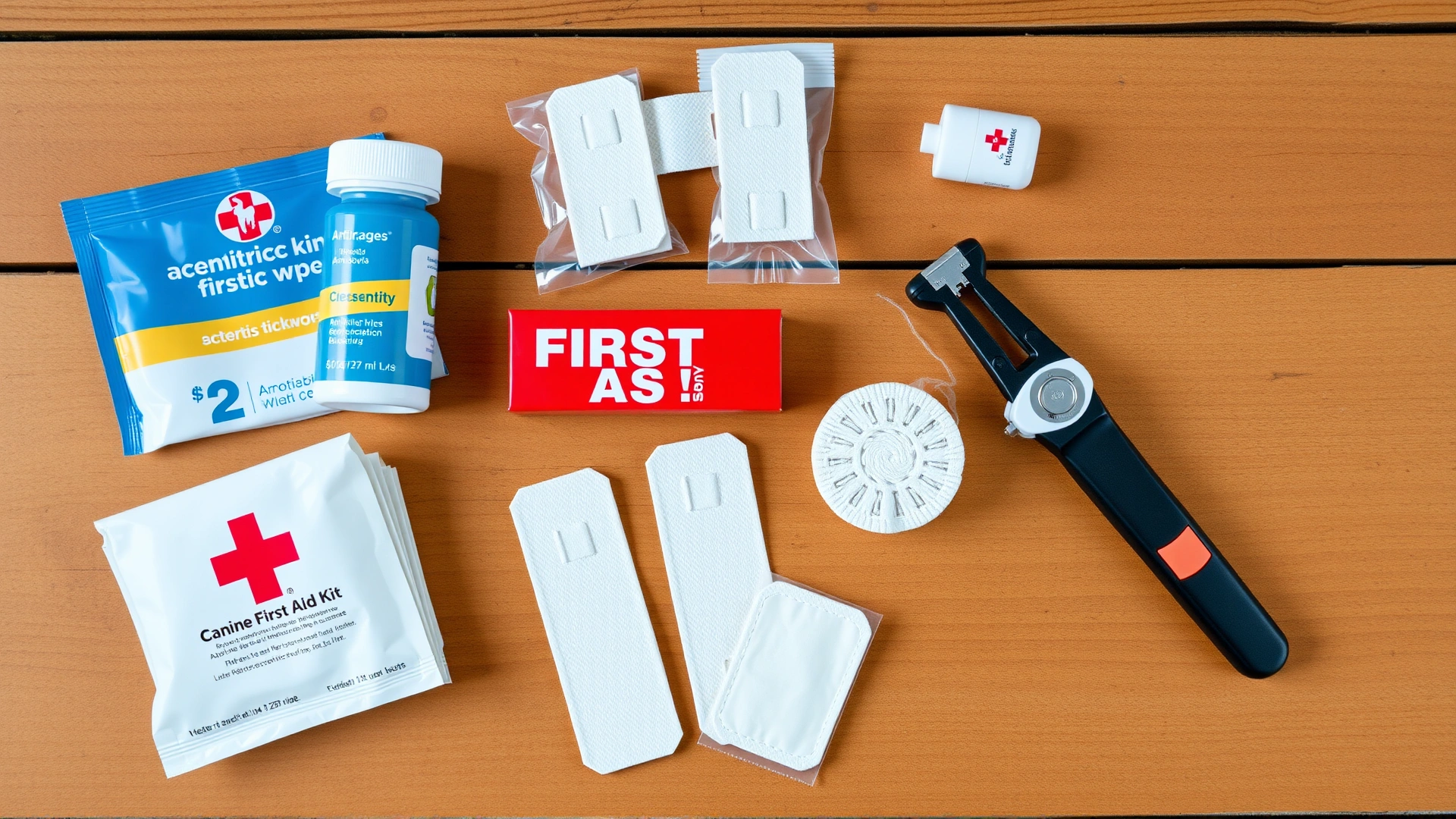 Flat lay of a canine first-aid kit with bandages, antiseptic wipes and tick remover tool on a wooden surface.