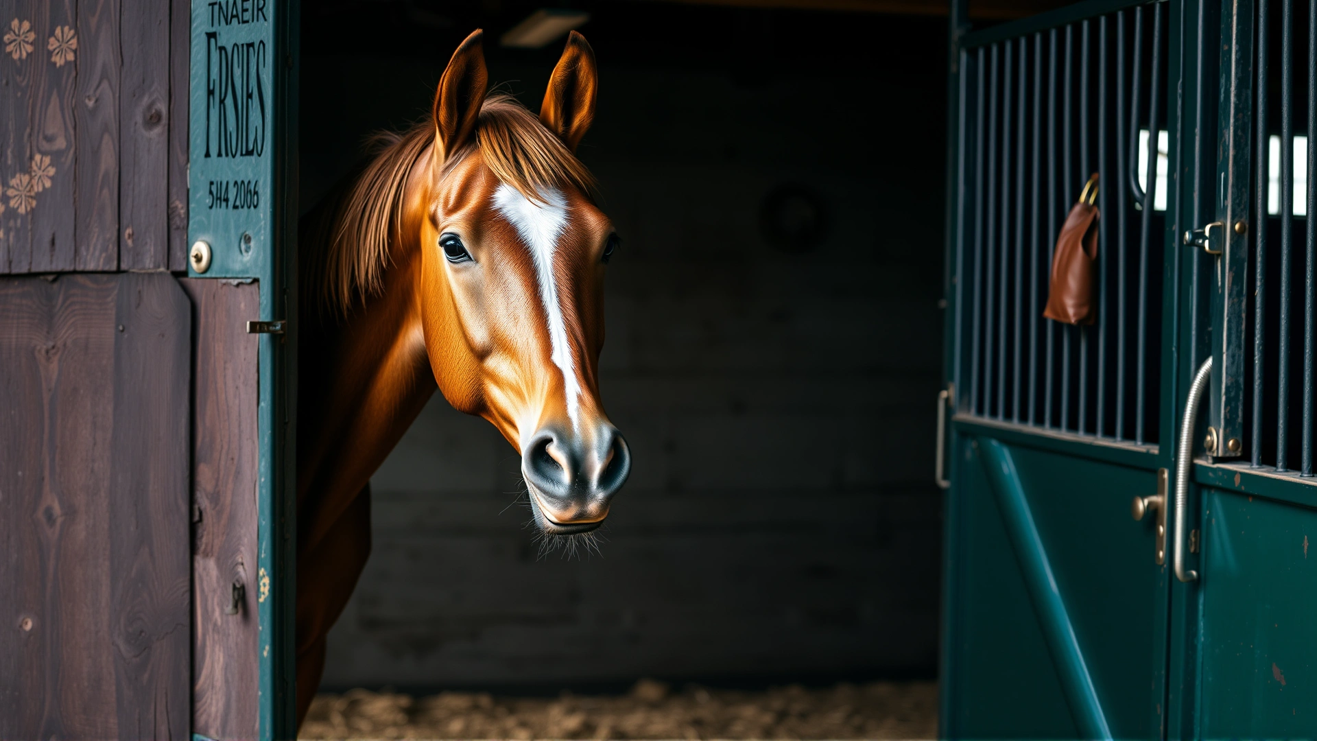 A newly arrived horse standing alert in a fresh stall, sniffing its surroundings to acclimate.